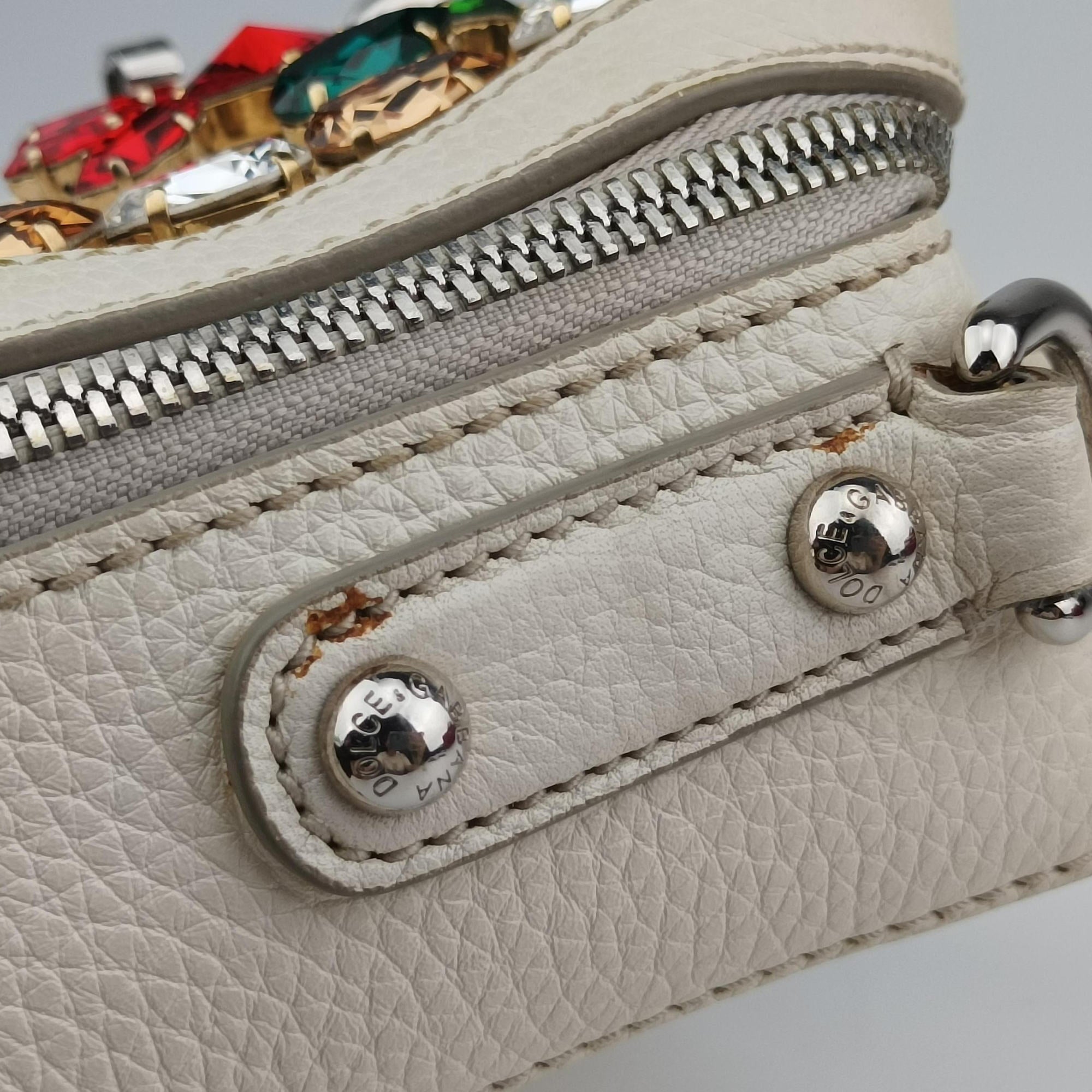 Pre-owned Dolce & Gabbana Flower Motif Rhinestone Lock WhitexMulticolour Leather  shoulderbag | stylenewstar