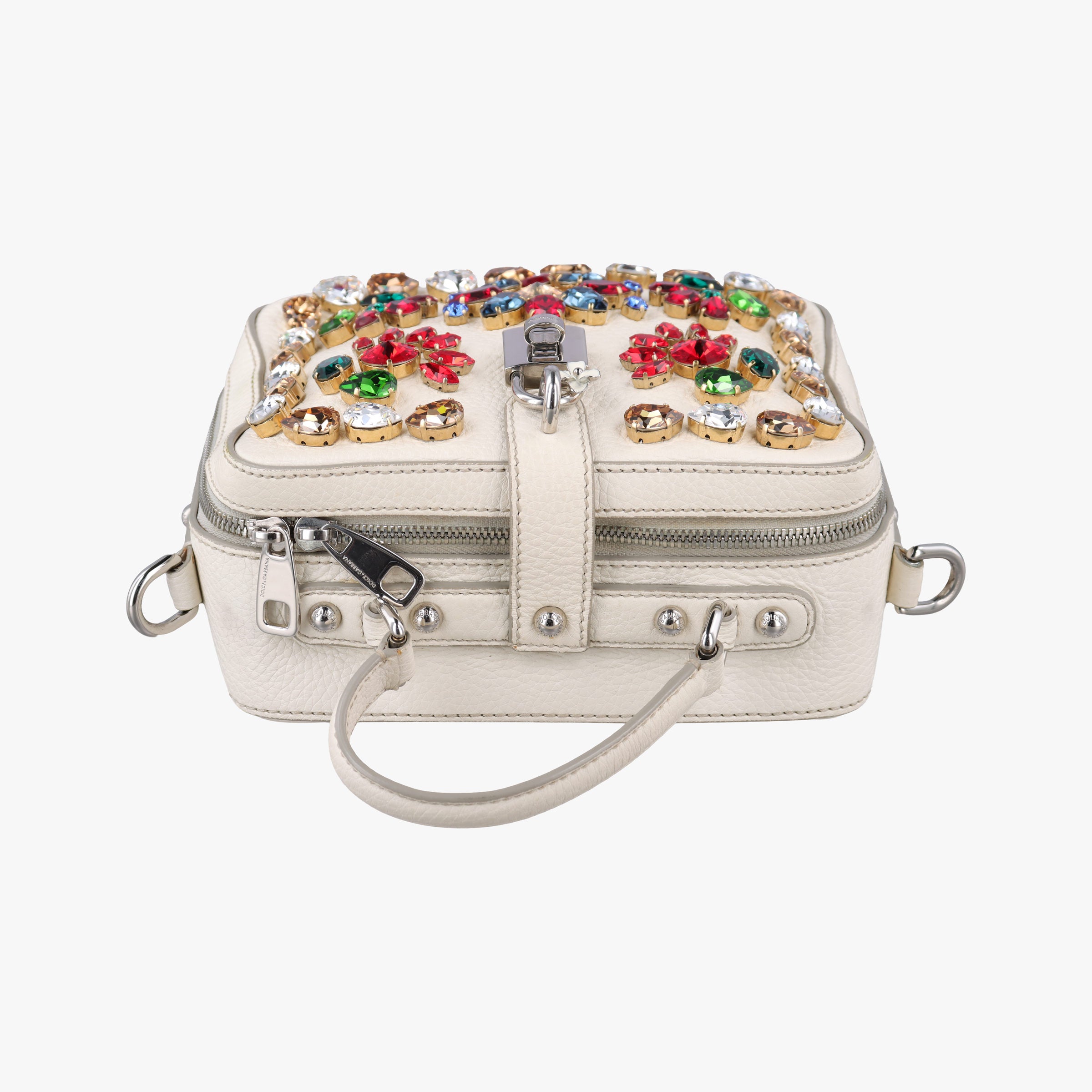 Pre-owned Dolce & Gabbana Flower Motif Rhinestone Lock WhitexMulticolour Leather  shoulderbag | stylenewstar