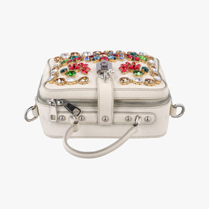 Pre-owned Dolce & Gabbana Flower Motif Rhinestone Lock WhitexMulticolour Leather  shoulderbag | stylenewstar