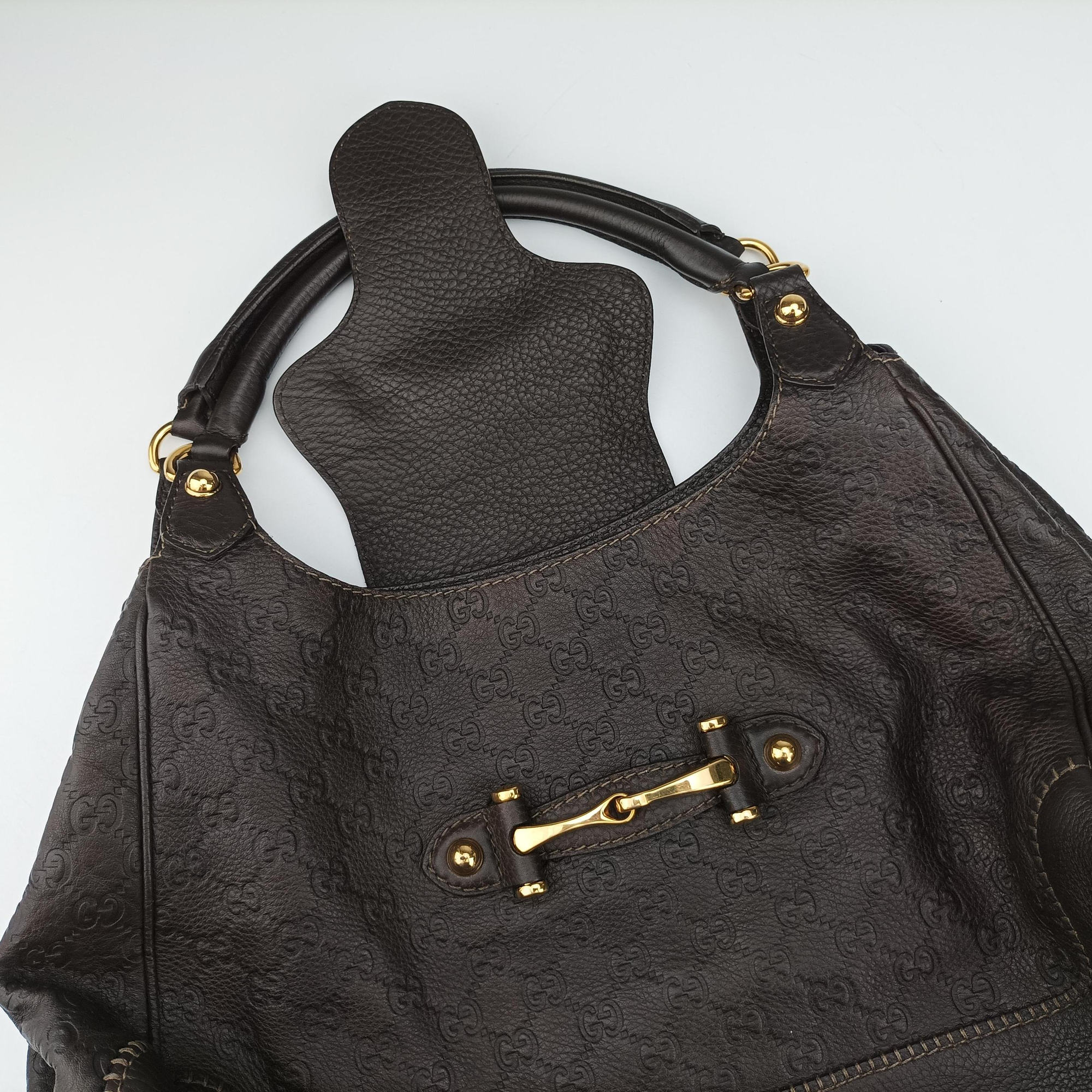 Pre-owned Gucci Guccissima New Pelham horsebit Brown leather 223958 handbag | stylenewstar