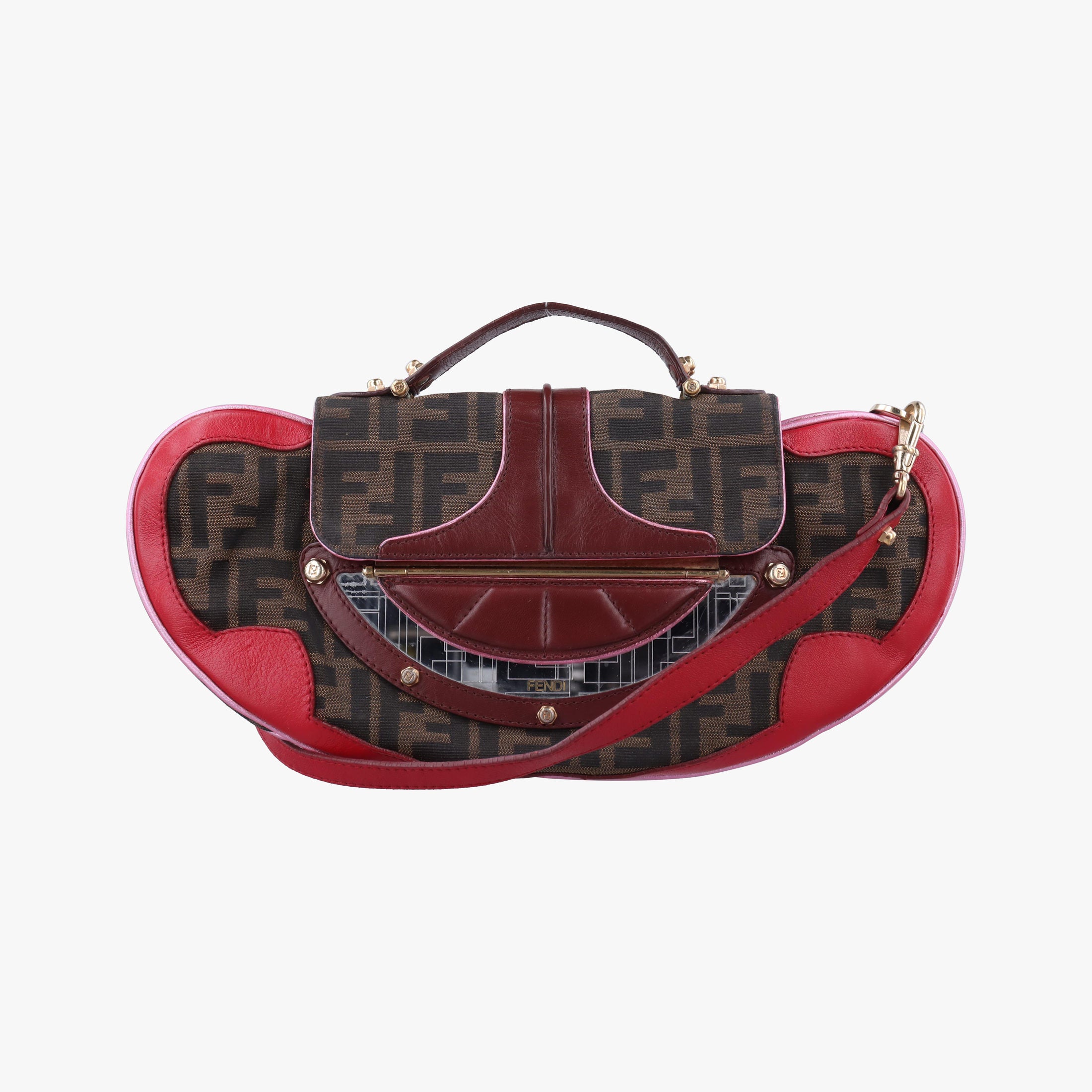 Pre-owned Fendi Zucca Vanity Mirror Brown × Red Jacquard × Leather 8BN133 shoulderbag | stylenewstar