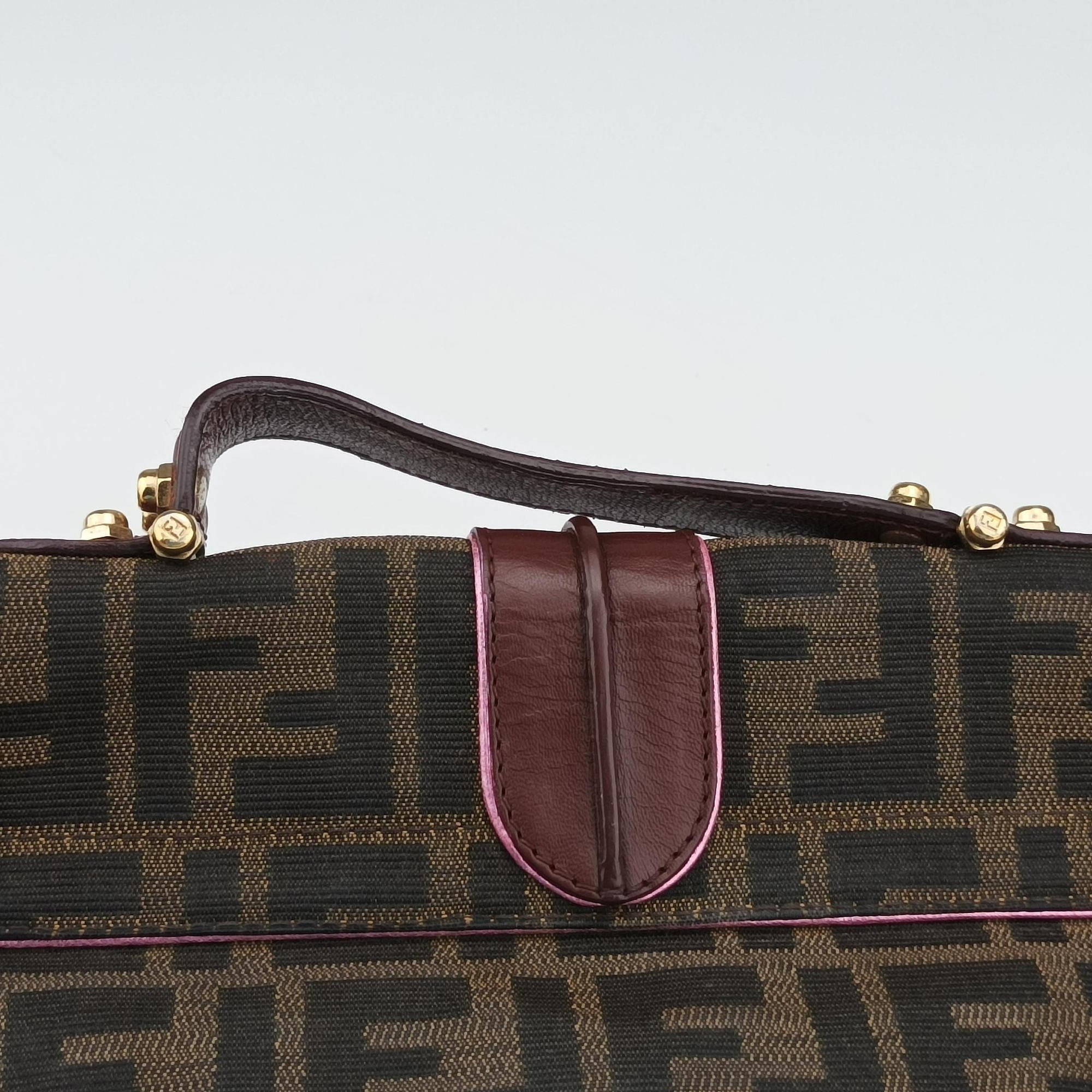 Pre-owned Fendi Zucca Vanity Mirror Brown × Red Jacquard × Leather 8BN133 shoulderbag | stylenewstar