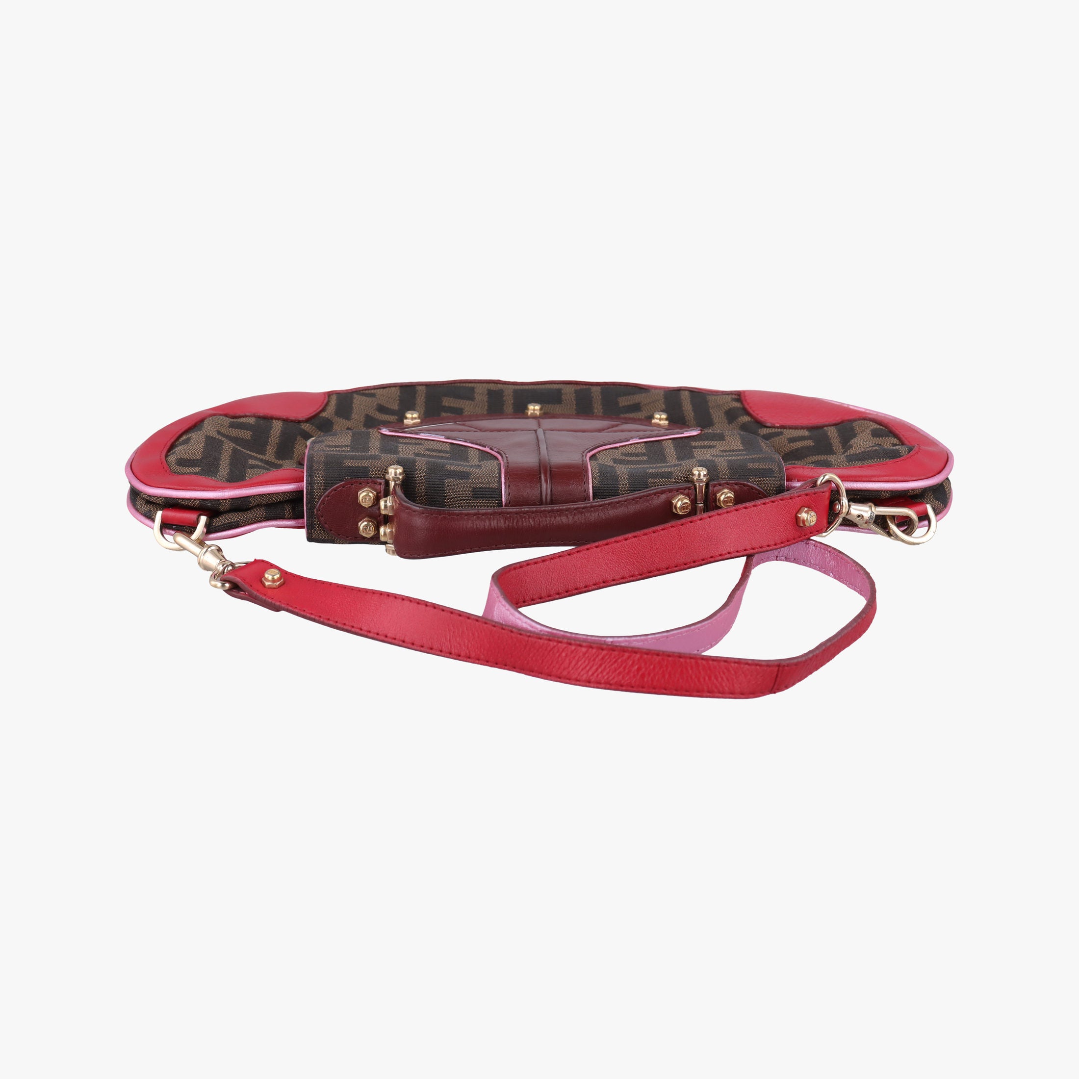 Pre-owned Fendi Zucca Vanity Mirror Brown × Red Jacquard × Leather 8BN133 shoulderbag | stylenewstar