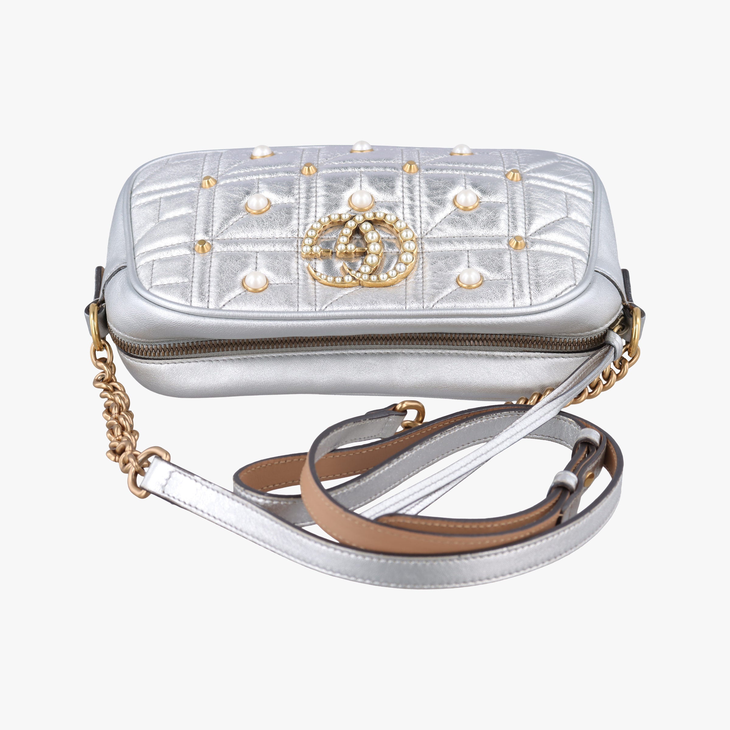Pre-owned Gucci GG Marmont Silver Leather 447632 shoulderbag | stylenewstar