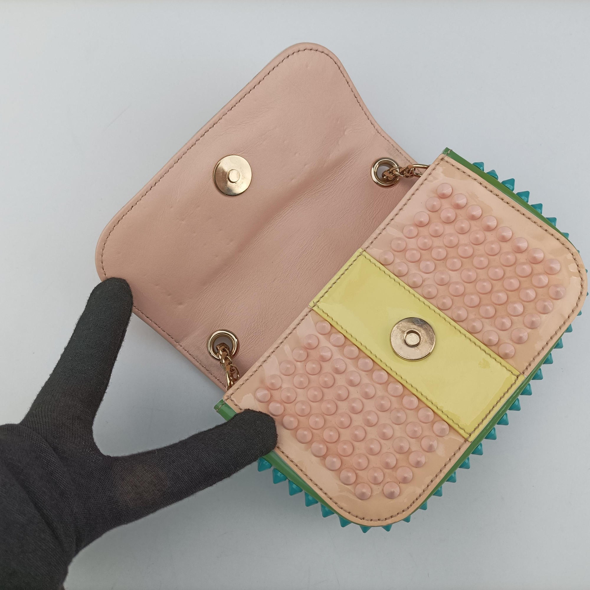 Pre-owned Christian Louboutin Sweet Charity Scarabe Spike Pink × Yellow × Blue × Green Leather  shoulderbag | stylenewstar