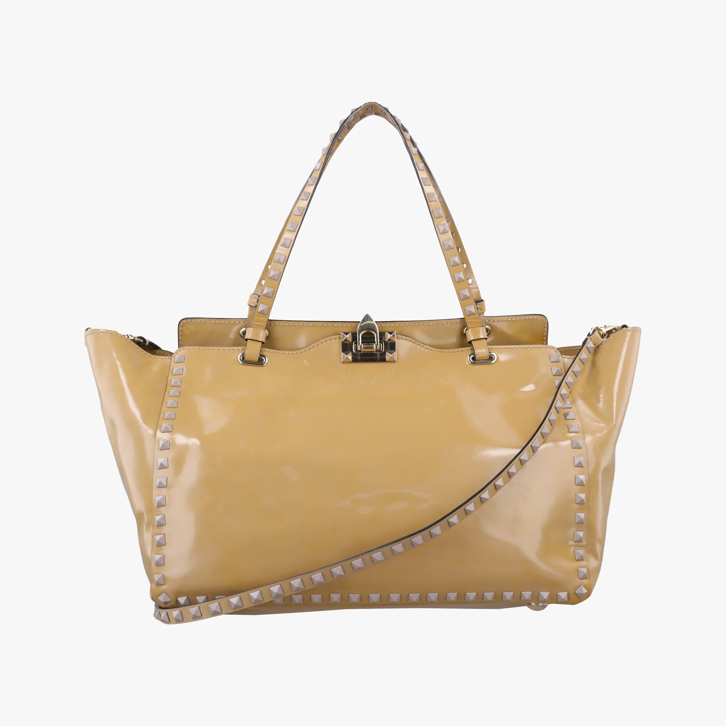 Pre-owned Valentino Rockstud khaki Patent Leather  shoulderbag | stylenewstar