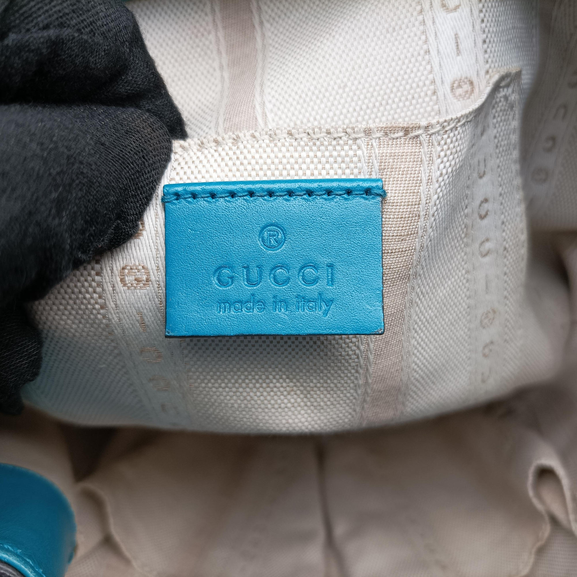 Pre-owned Gucci Bright Diamante Bucket Blue Leather 354229 shoulderbag | stylenewstar