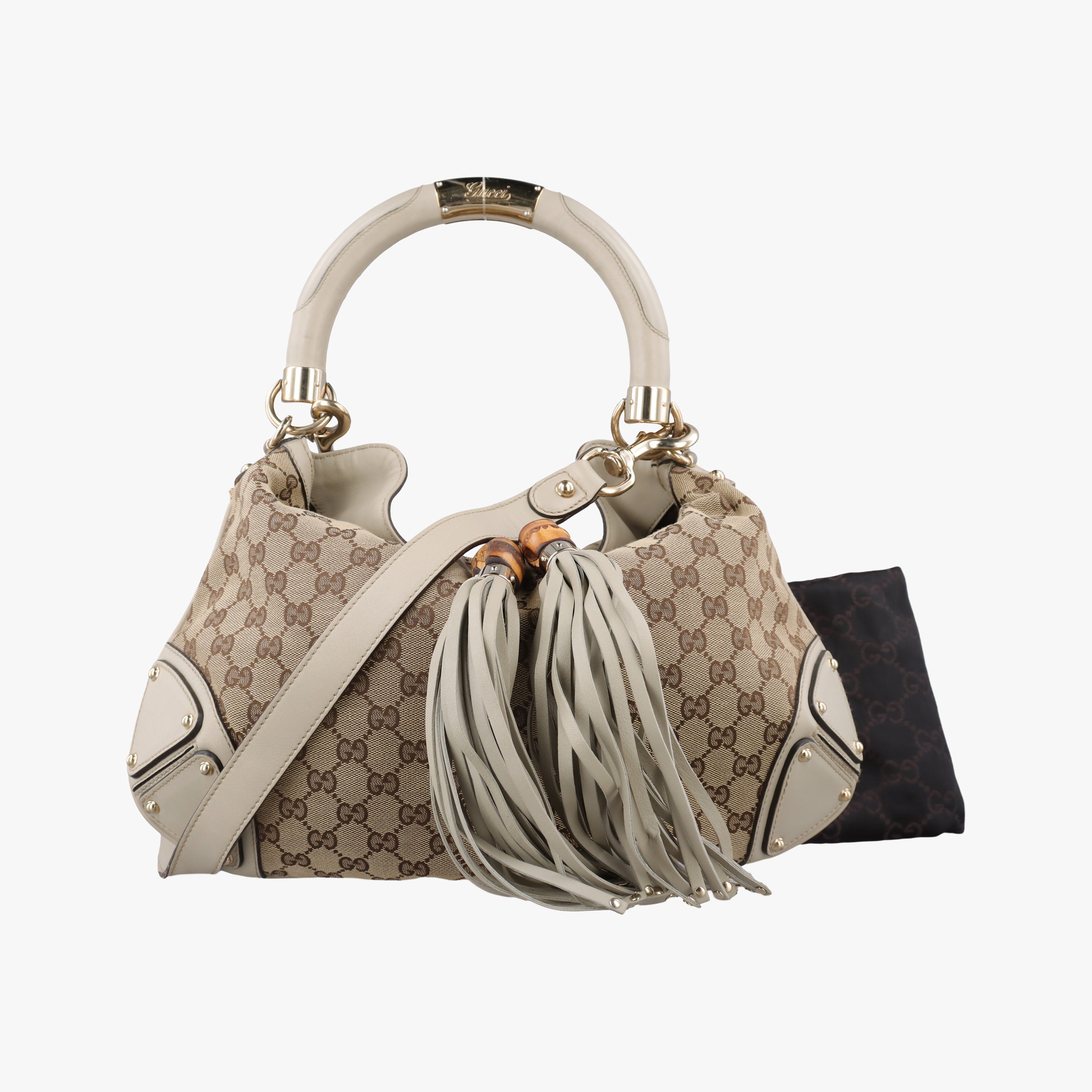Pre-owned Gucci Indy Babouska Brown×White Leather×canvas 185566 shoulderbag | stylenewstar