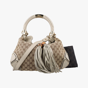 Pre-owned Gucci Indy Babouska Brown×White Leather×canvas 185566 shoulderbag | stylenewstar