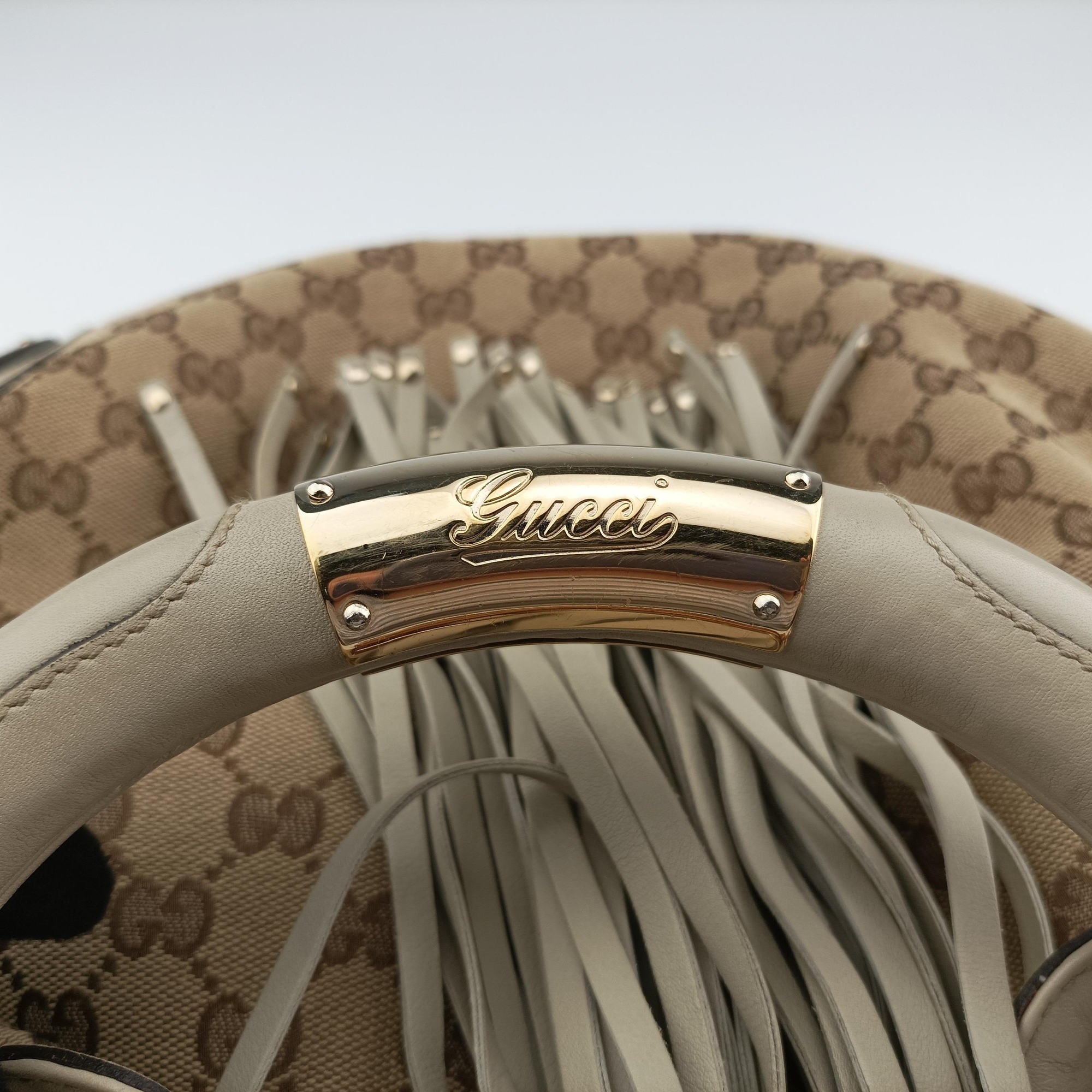 Pre-owned Gucci Indy Babouska Brown×White Leather×canvas 185566 shoulderbag | stylenewstar