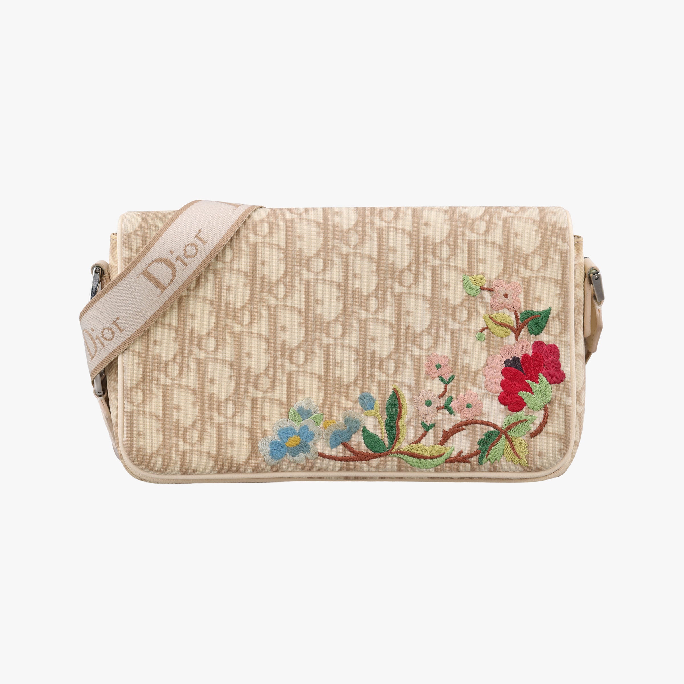 Pre-owned Christian Dior Trotter Flower Beige PVC Coated Canvas Floral Embroidery  shoulderbag | stylenewstar