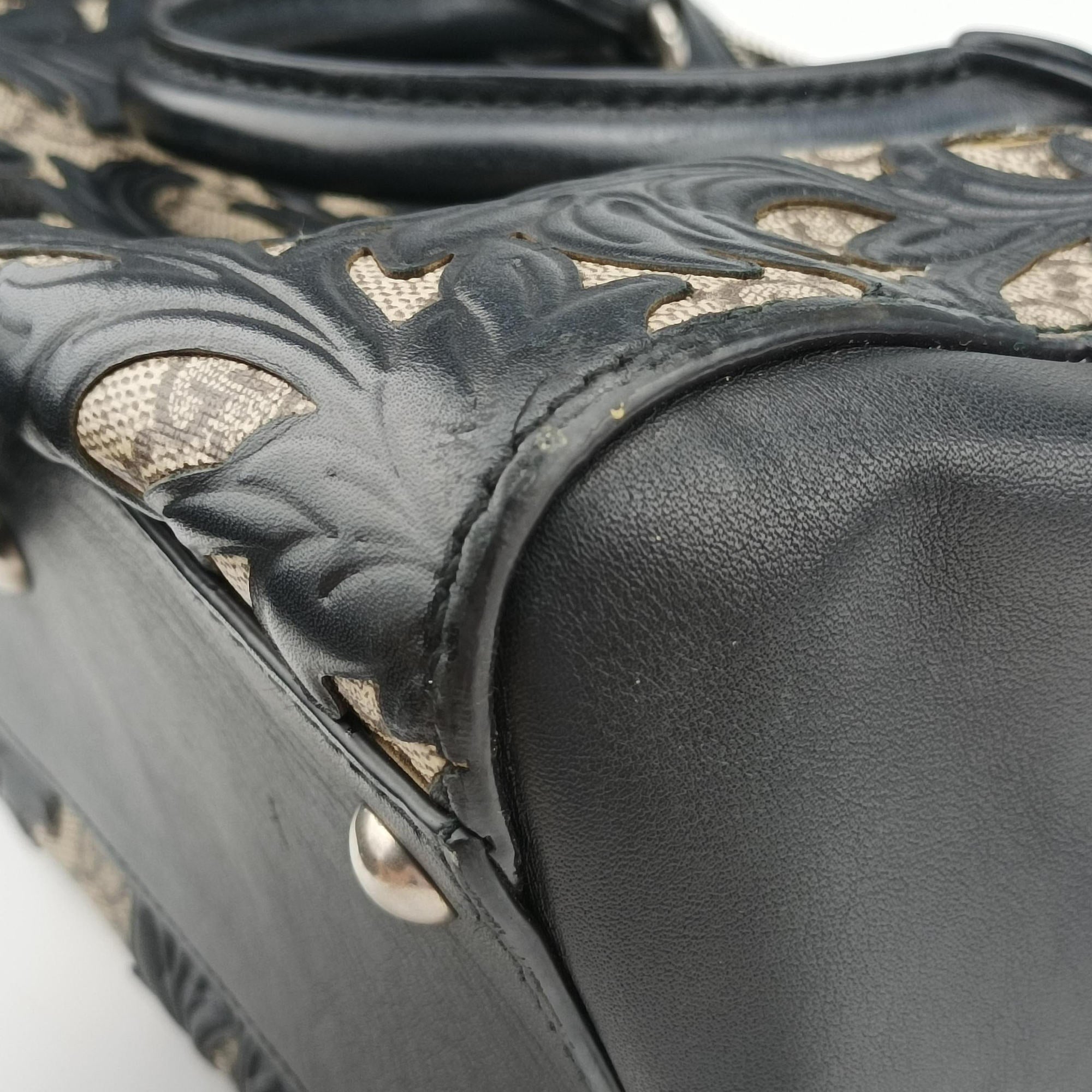Pre-owned Gucci Arabesque Boston Beige×Black PVC coated canvas×Leather 409529 shoulderbag | stylenewstar