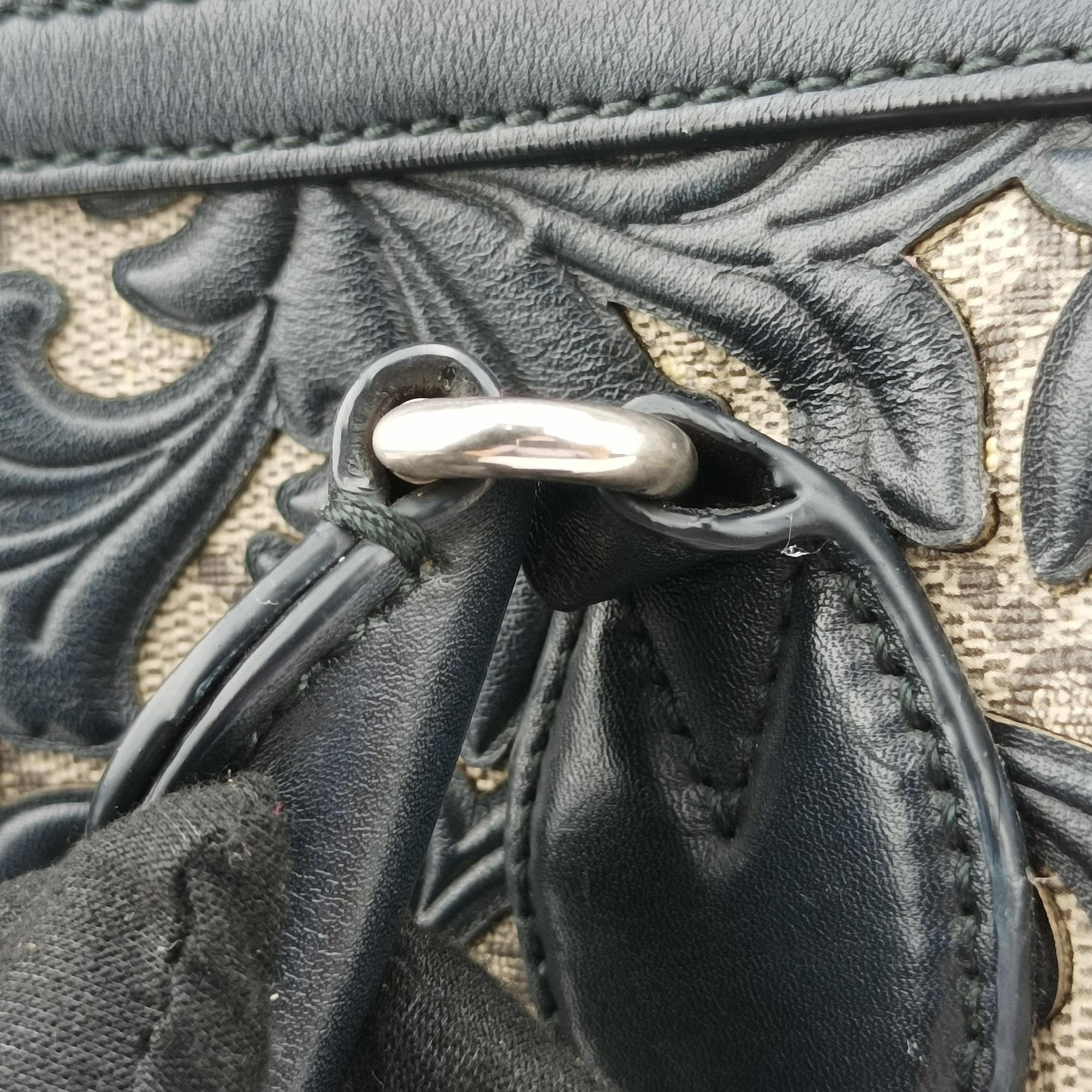 Pre-owned Gucci Arabesque Boston Beige×Black PVC coated canvas×Leather 409529 shoulderbag | stylenewstar