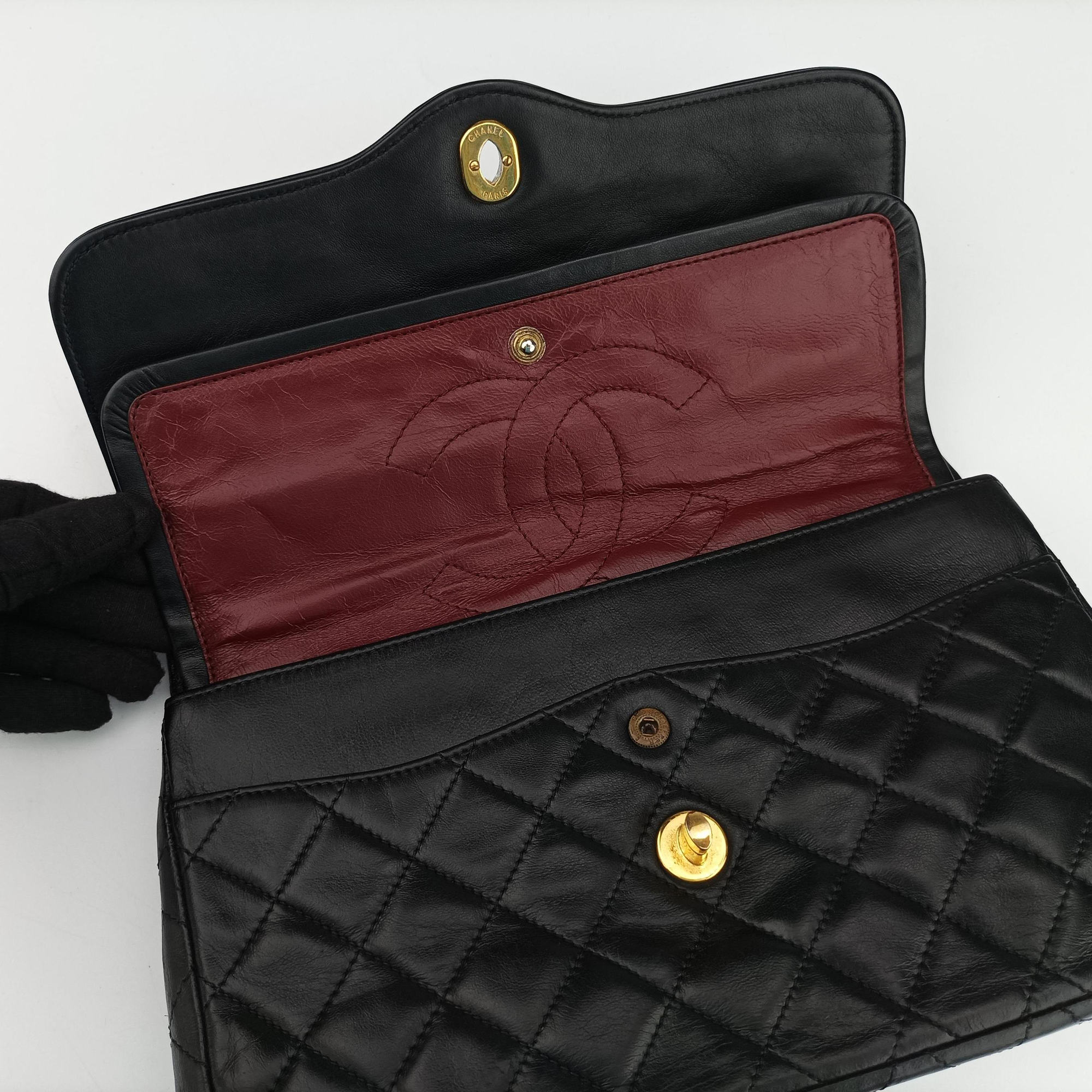 Vintage Chanel Matelasse W Flap Chain Black lambskin  shoulderbag | stylenewstar