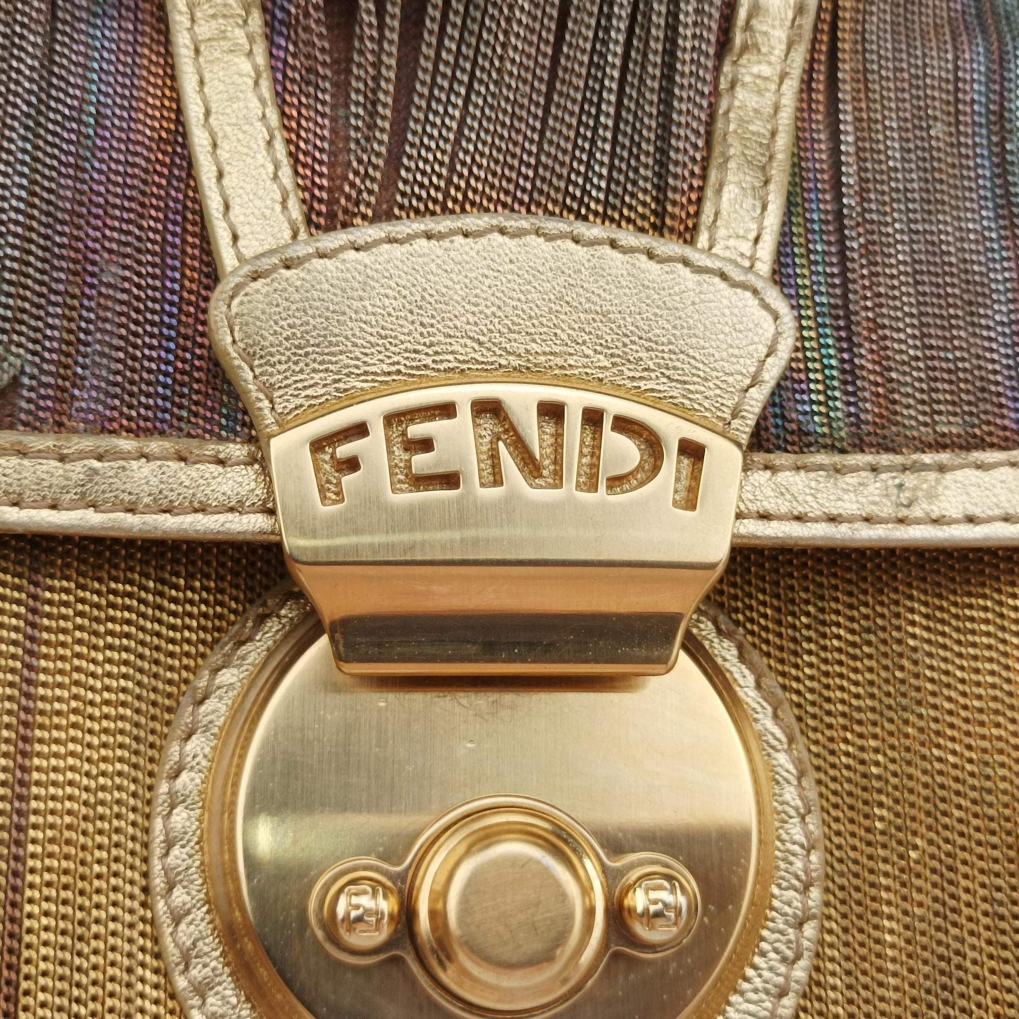 Secondhand Fendi Zucchino turn lock Brown Metal Mesh × Leather 8BP010 clutchbag | stylenewstar