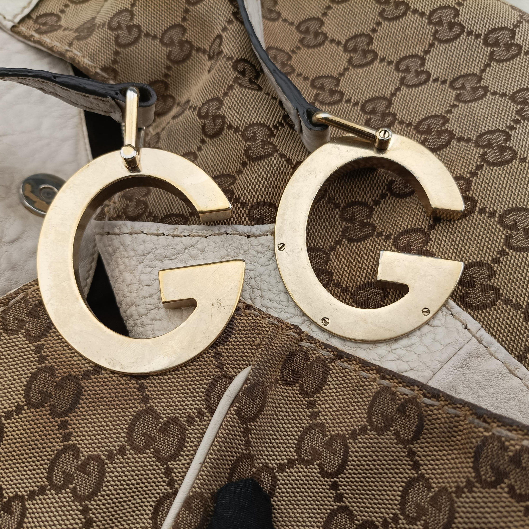 Pre-owned Gucci Charlotte Hobo Brown×White Leather×canvas 203504 handbag | stylenewstar