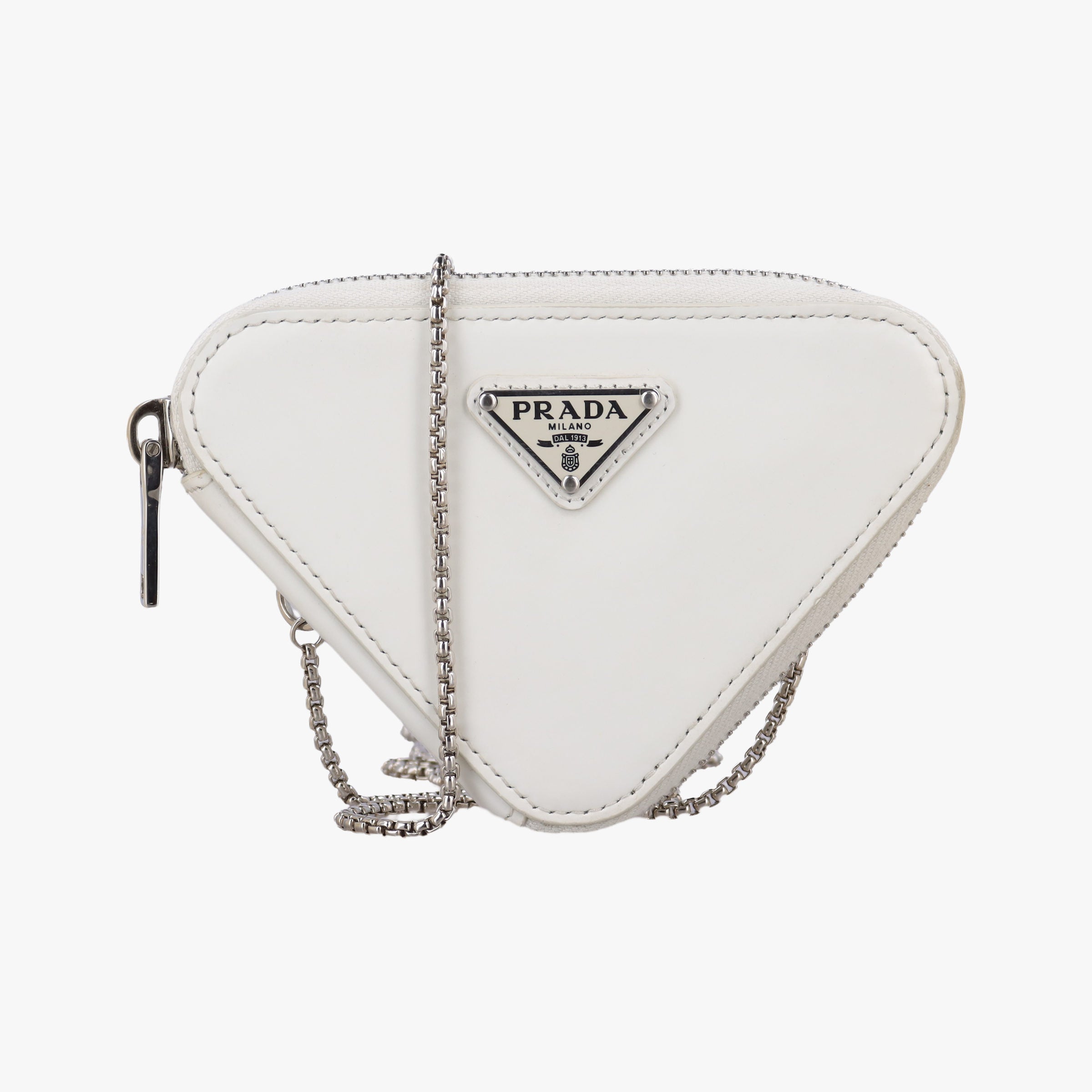 Pre-owned Prada Triangle Chain Pouch White Leather  shoulderbag | stylenewstar