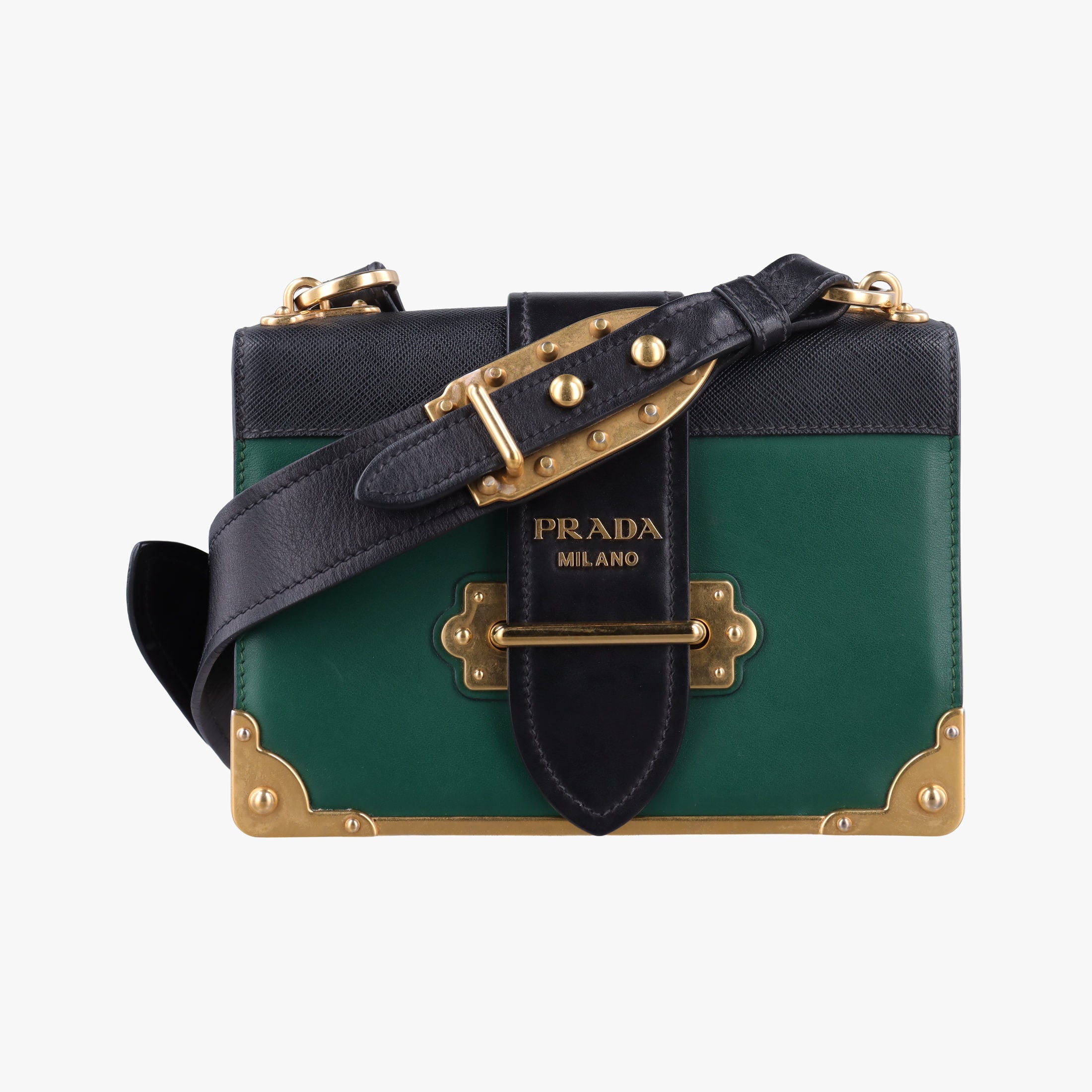 Pre-owned Prada Cahier Green×black Leather 1BD045 shoulderbag | stylenewstar
