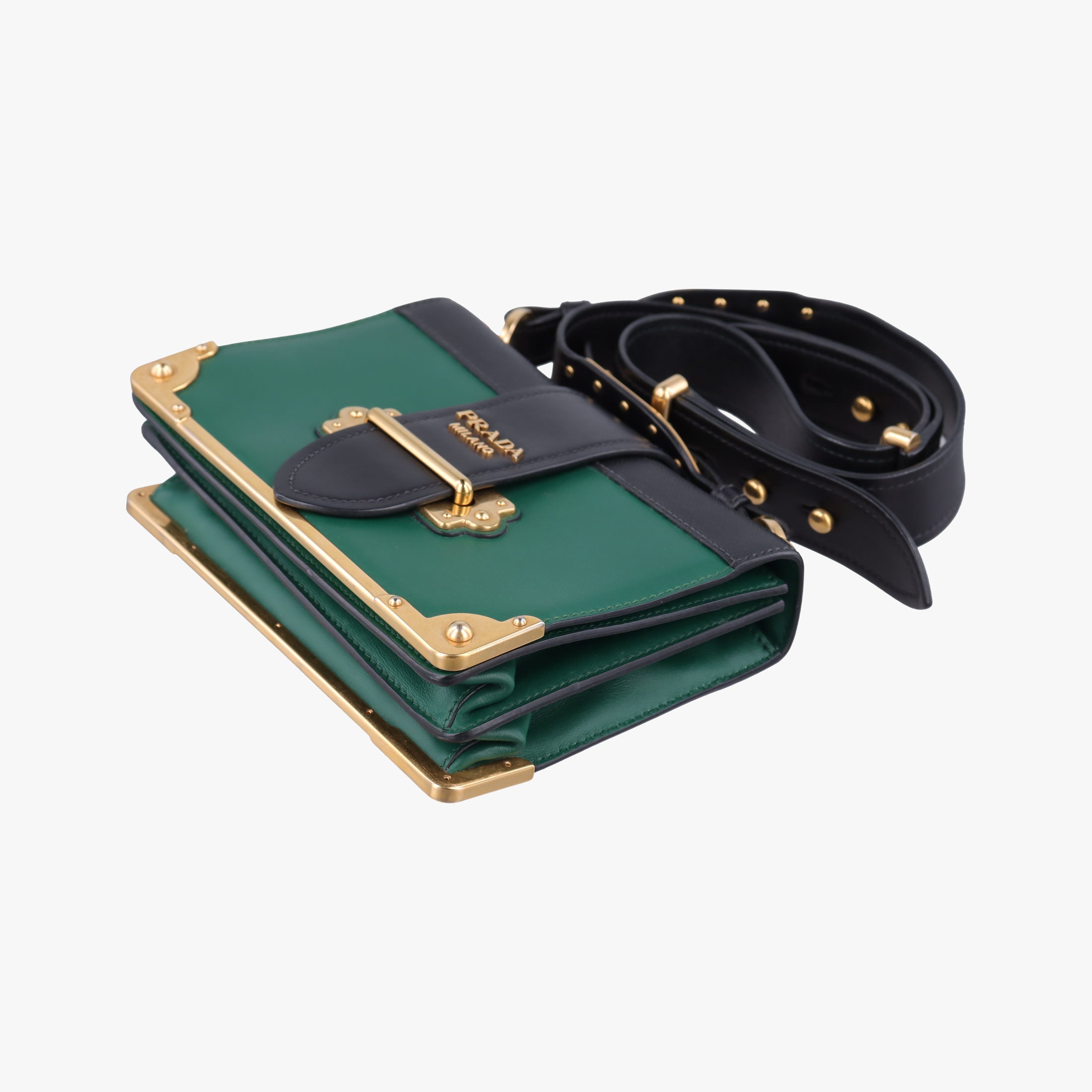 Pre-owned Prada Cahier Green×black Leather 1BD045 shoulderbag | stylenewstar