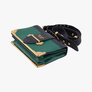 Pre-owned Prada Cahier Green×black Leather 1BD045 shoulderbag | stylenewstar