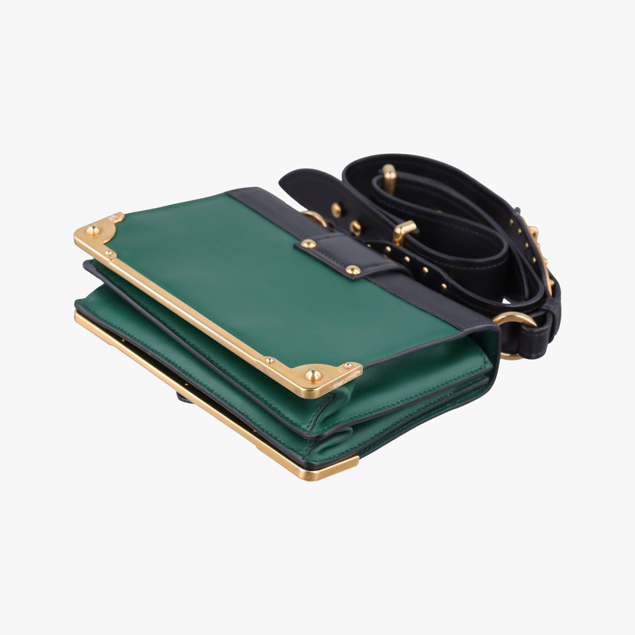 Pre-owned Prada Cahier Green×black Leather 1BD045 shoulderbag | stylenewstar