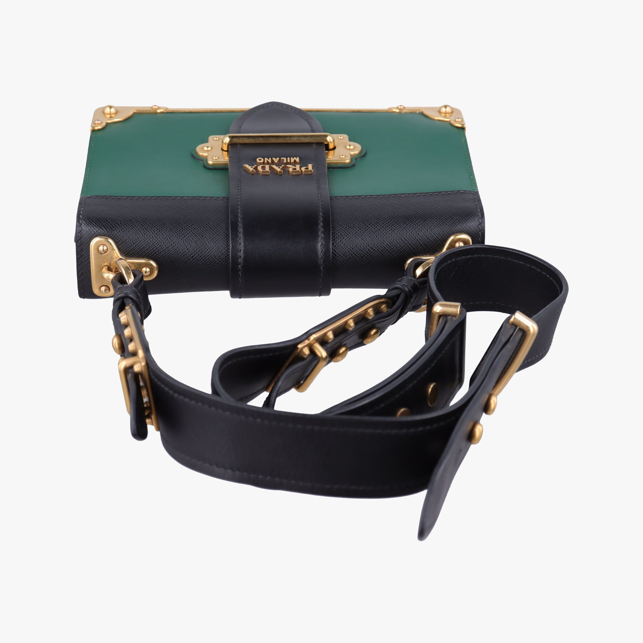 Pre-owned Prada Cahier Green×black Leather 1BD045 shoulderbag | stylenewstar