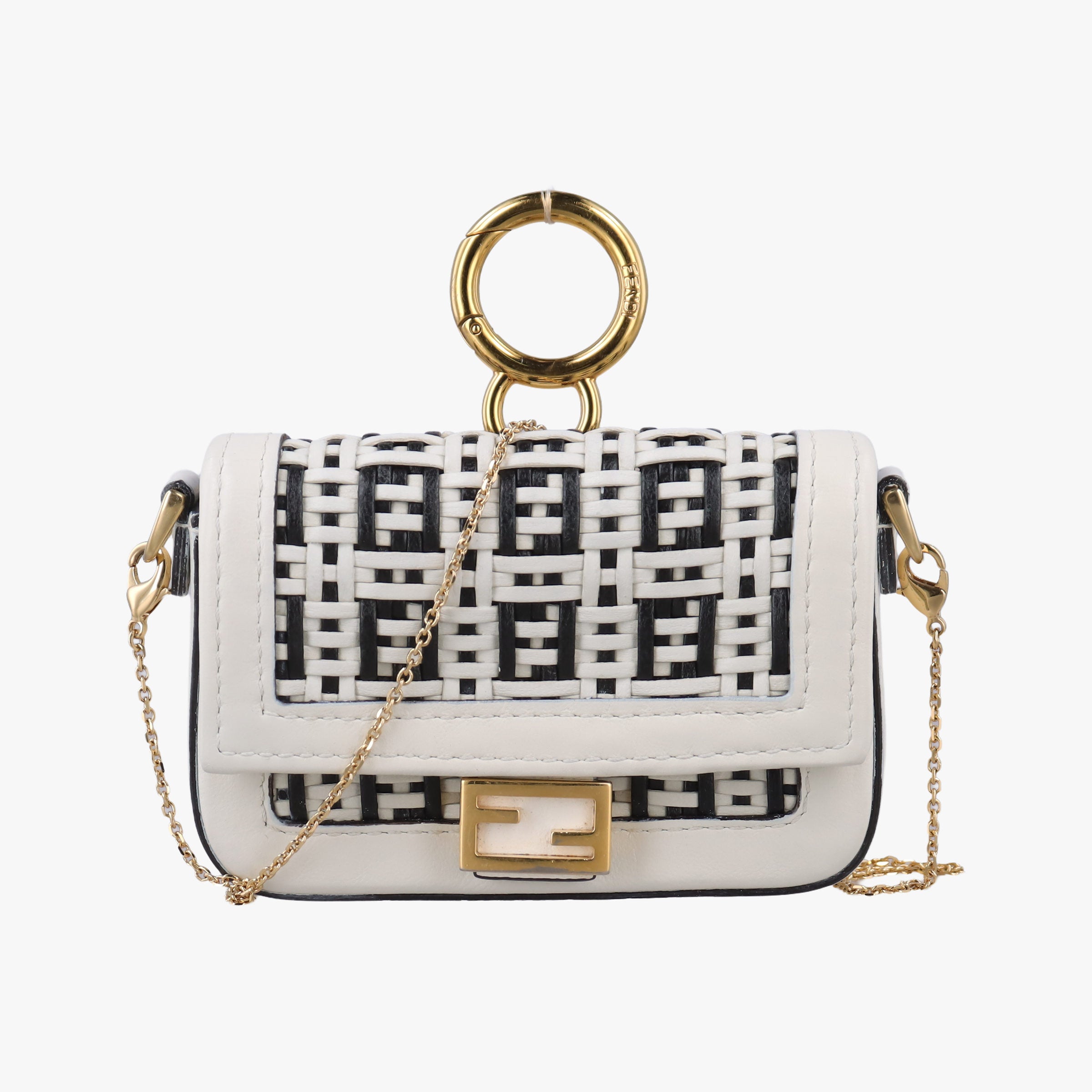Pre-owned Fendi Nano Baguette Charm Black/White Leather 7AR844 shoulderbag | stylenewstar