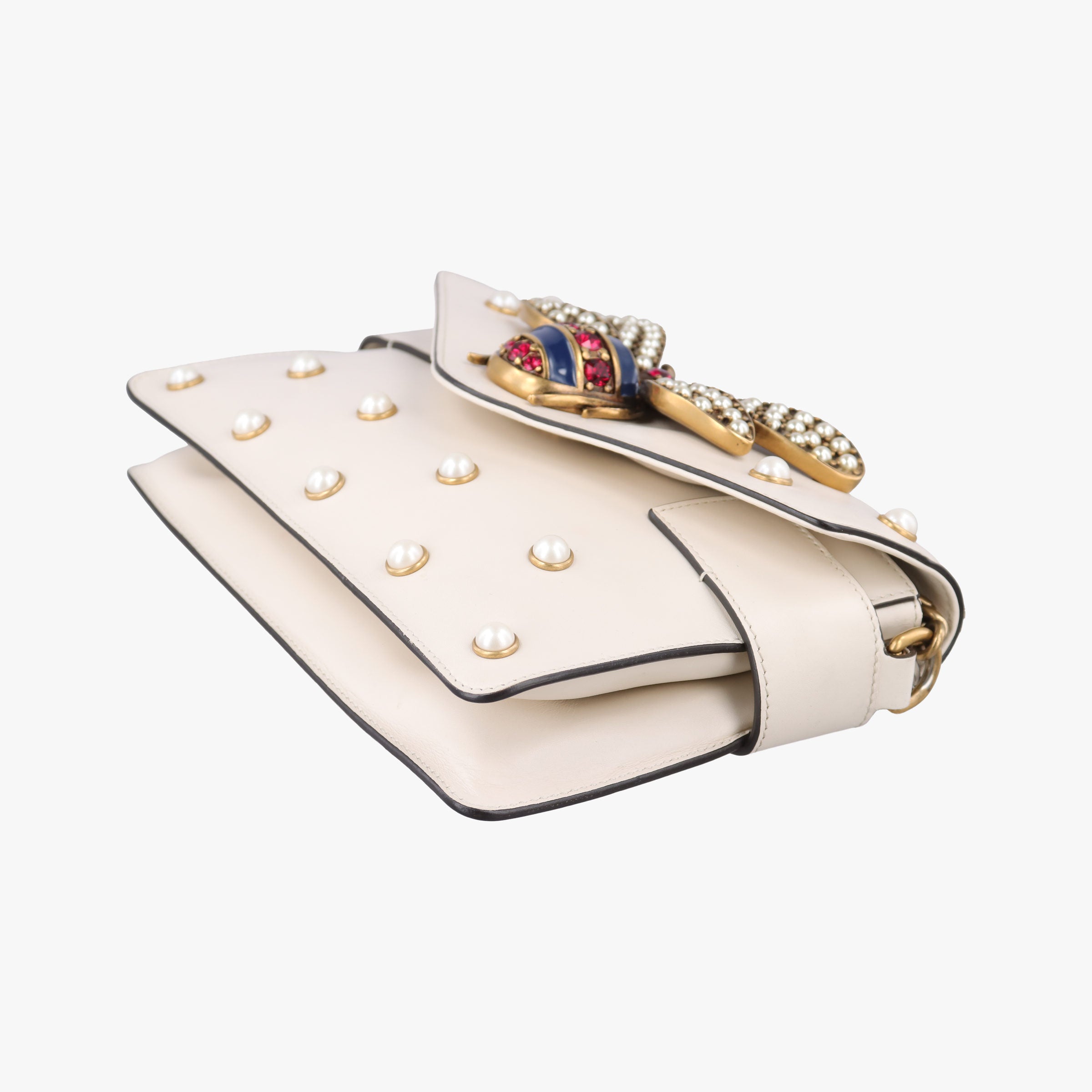 Pre-owned Gucci Broadway Pearl Bee White Leather 453778 shoulderbag | stylenewstar