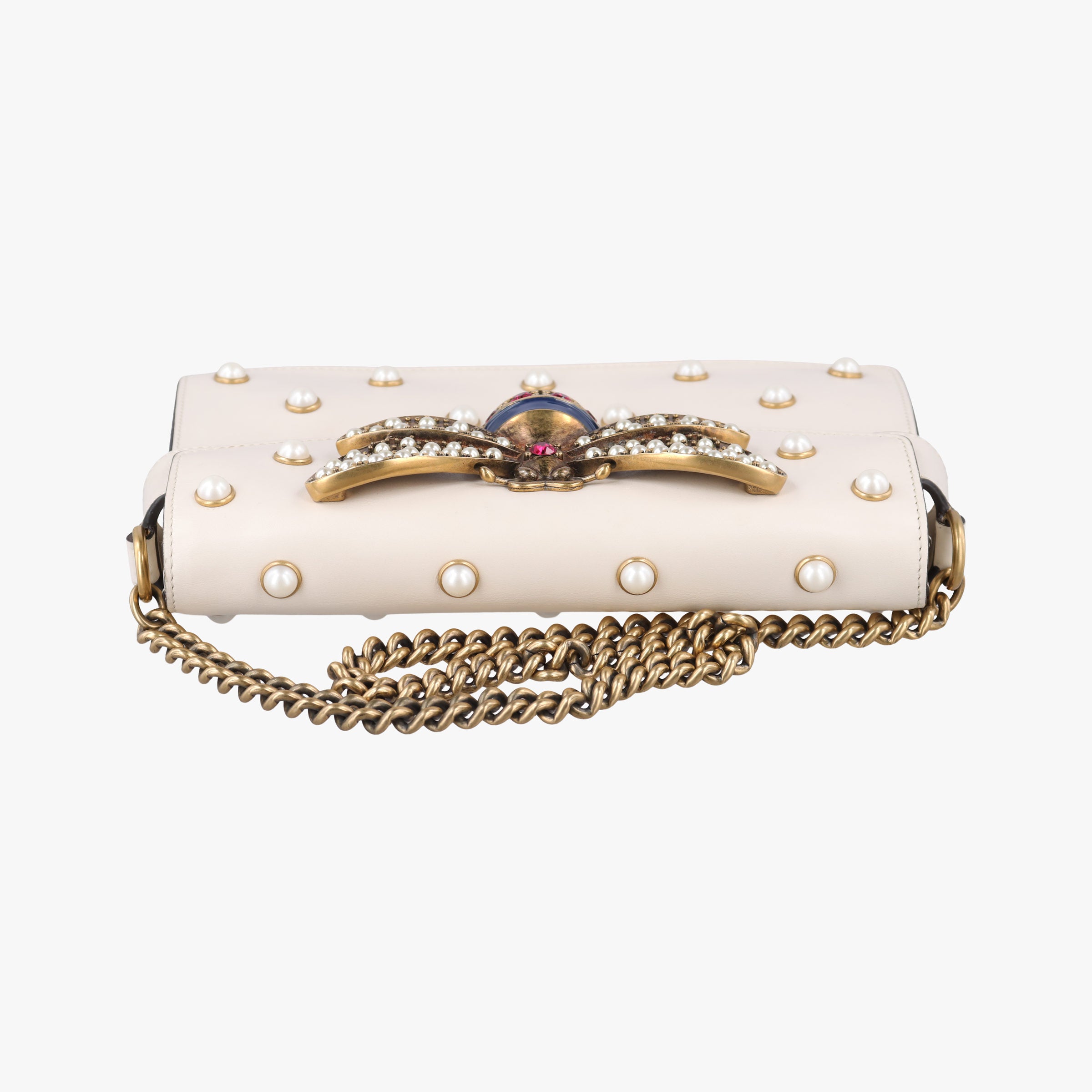 Pre-owned Gucci Broadway Pearl Bee White Leather 453778 shoulderbag | stylenewstar