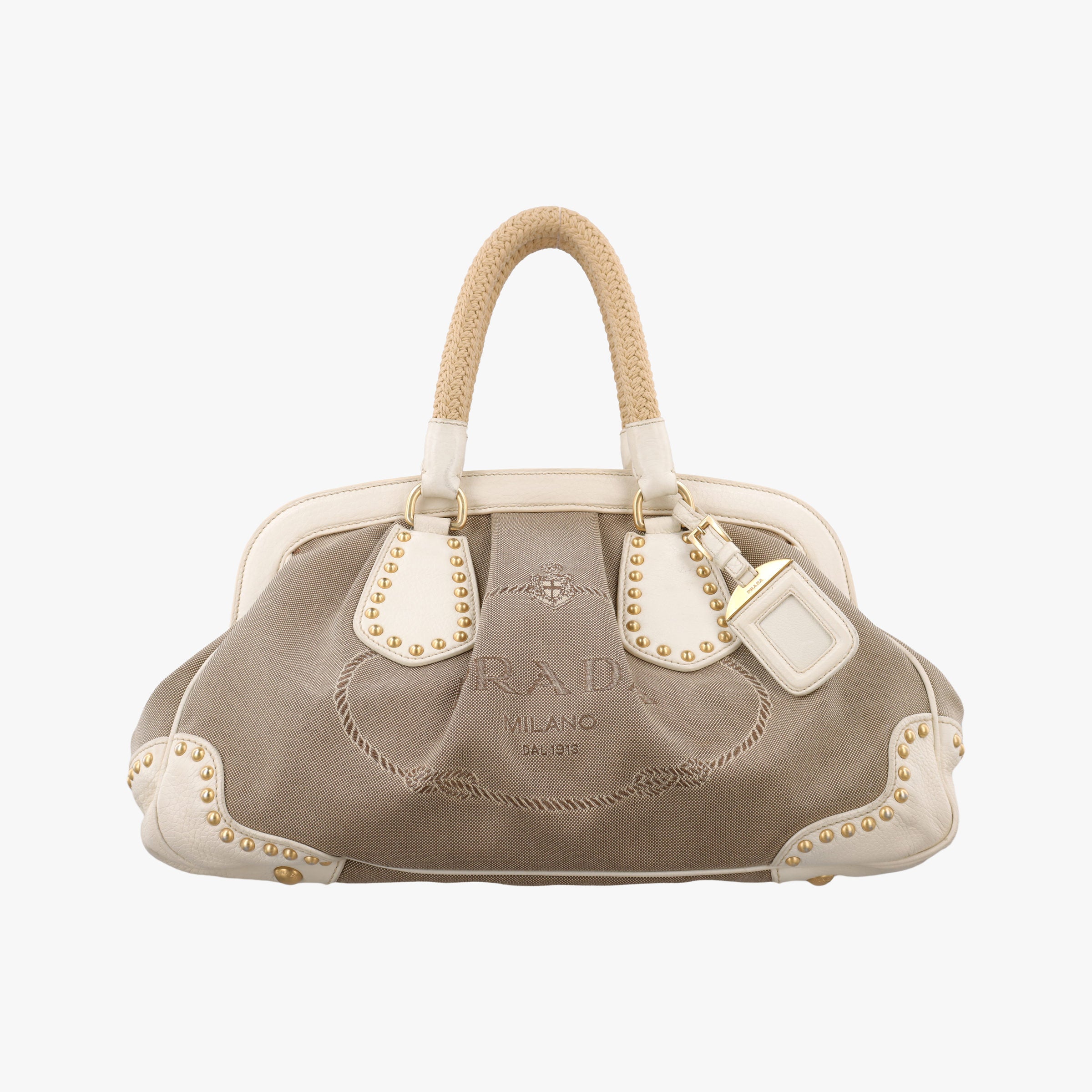 Vintage Prada Logo Jacquard Studded Frame Corda × Talco Jacquard Canvas × Vitello Leather  handbag | stylenewstar