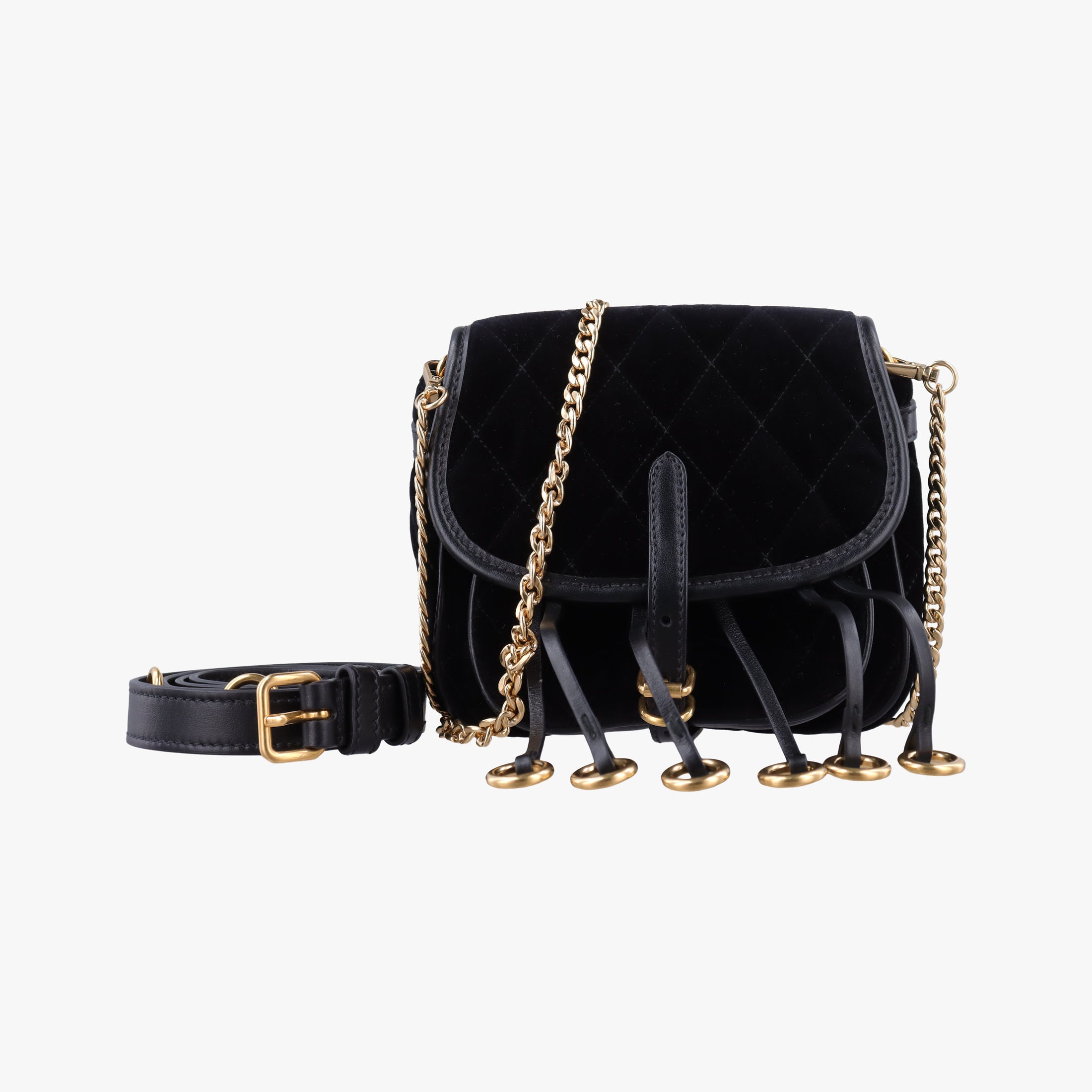 Pre-owned Prada Fringe Charms Black Leather×velour IBL002 shoulderbag | stylenewstar