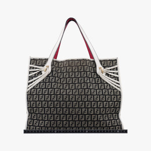 Pre-owned Fendi Zucca Pattern Tote Navy × White Canvas×Leather 8BH153 handbag | stylenewstar