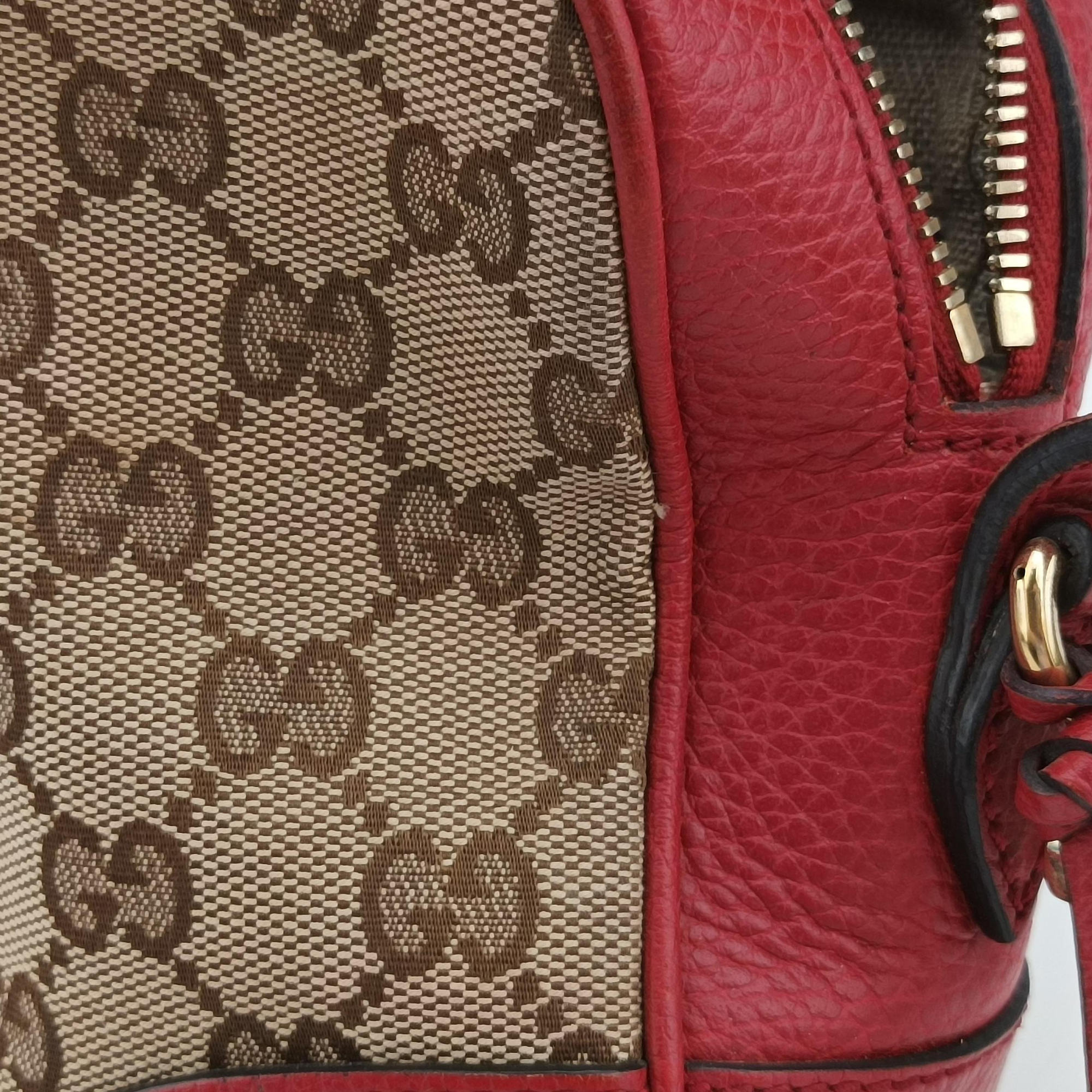 Pre-owned Gucci Bree Microguccissima khaki×red canvas×leather 449413 shoulderbag | stylenewstar