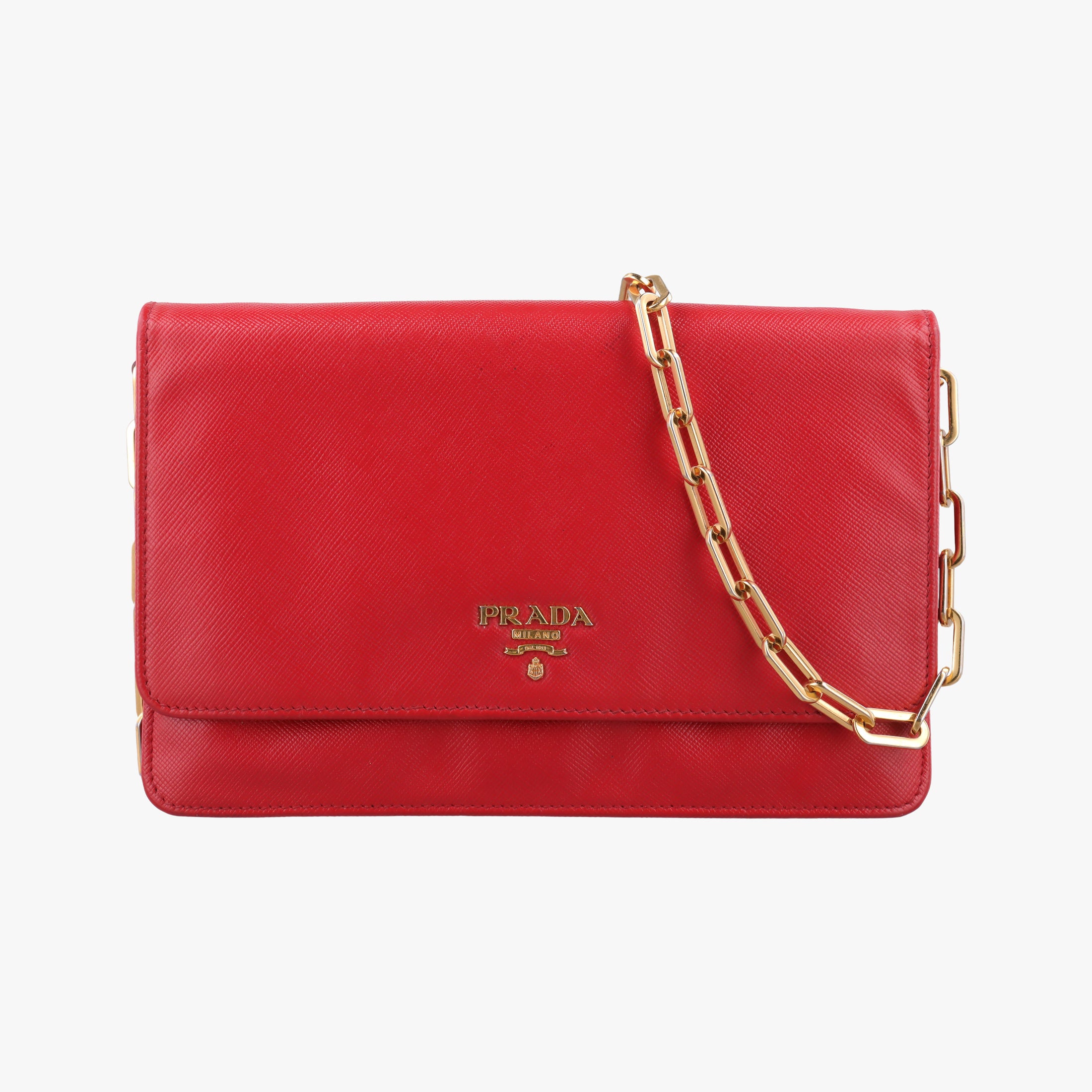 Pre-owned Prada Metal Wallet on Chain Cornflower Clutch Red Saffiano Leather 1MT290 shoulderbag | stylenewstar