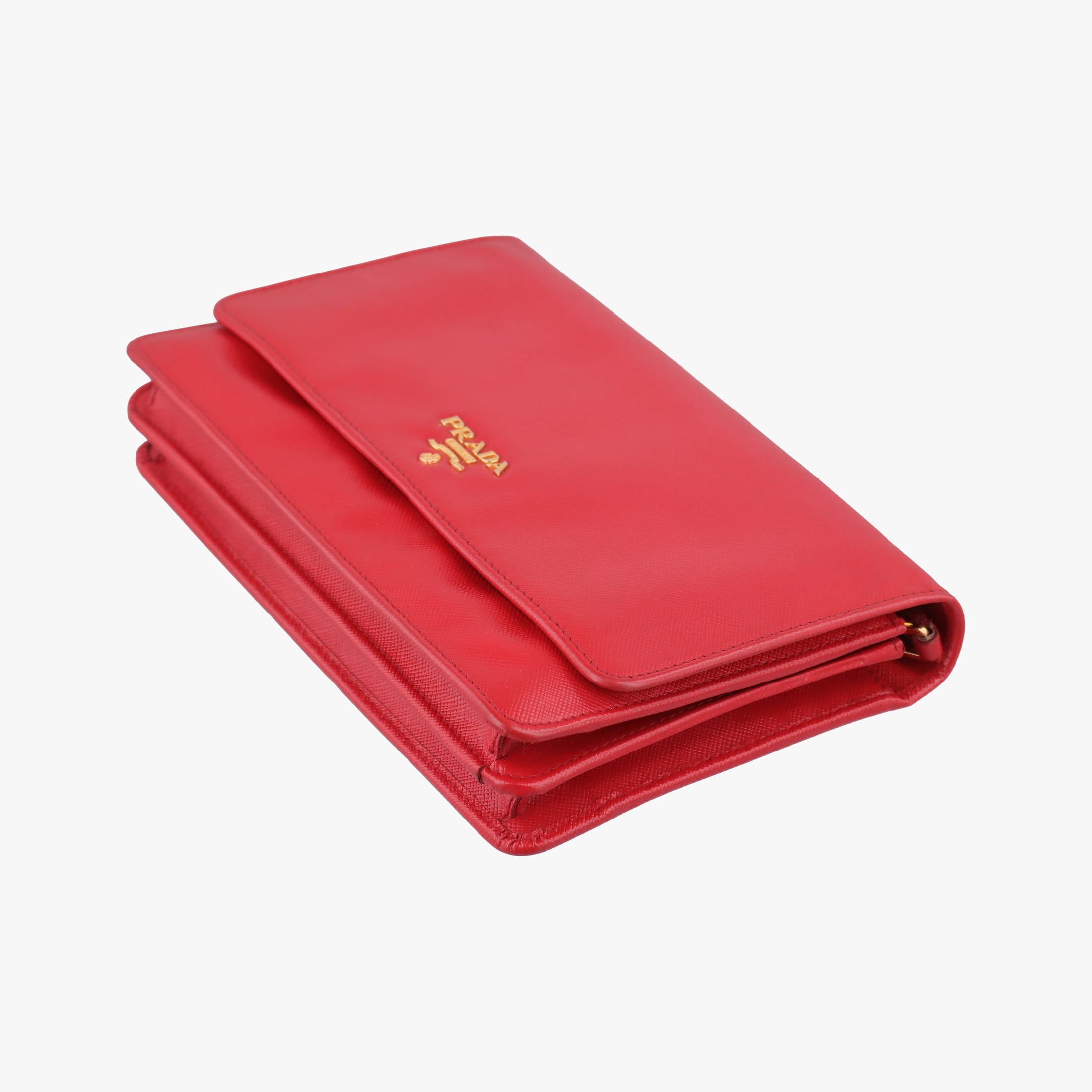 Pre-owned Prada Metal Wallet on Chain Cornflower Clutch Red Saffiano Leather 1MT290 shoulderbag | stylenewstar