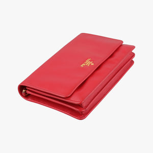 Pre-owned Prada Metal Wallet on Chain Cornflower Clutch Red Saffiano Leather 1MT290 shoulderbag | stylenewstar