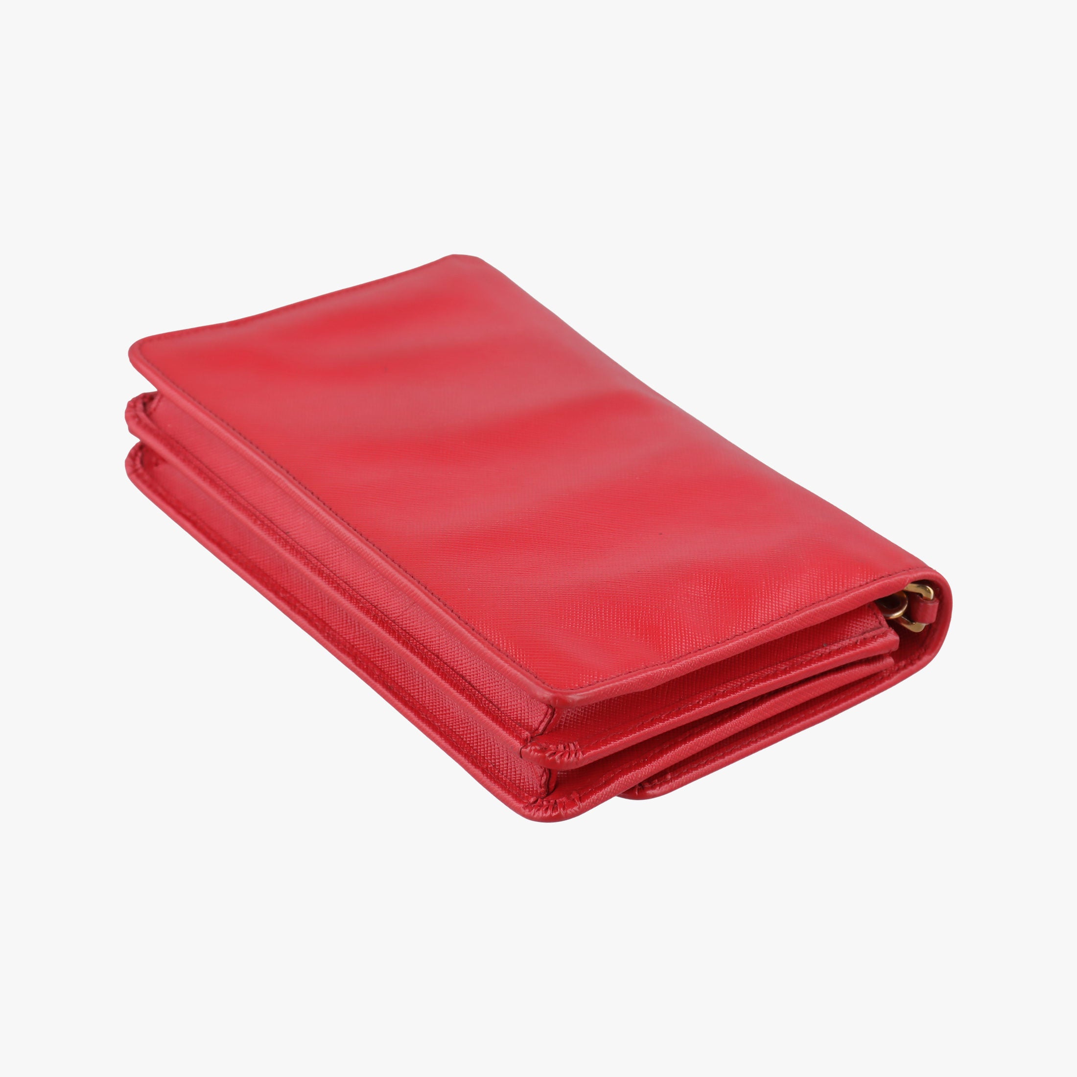 Pre-owned Prada Metal Wallet on Chain Cornflower Clutch Red Saffiano Leather 1MT290 shoulderbag | stylenewstar