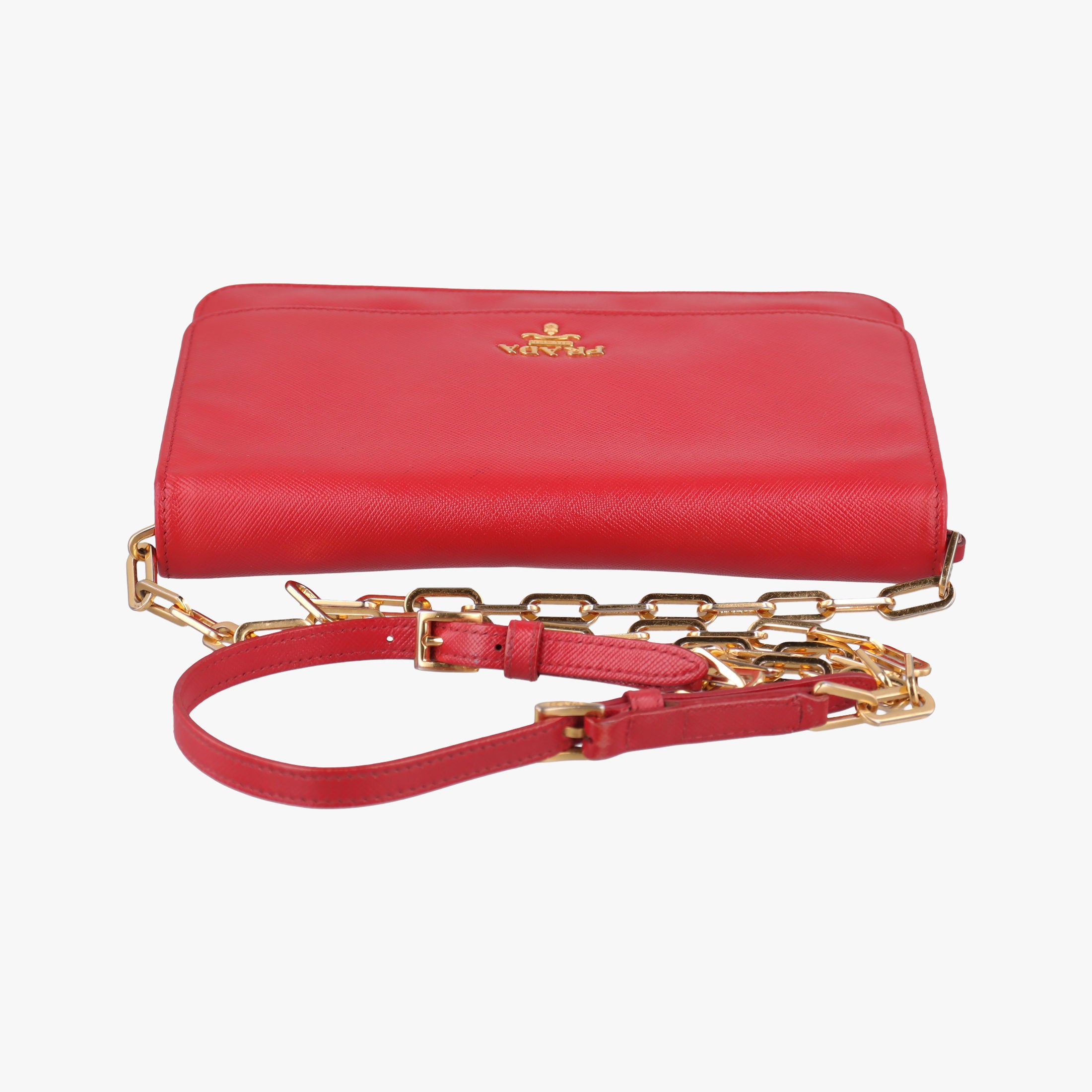 Pre-owned Prada Metal Wallet on Chain Cornflower Clutch Red Saffiano Leather 1MT290 shoulderbag | stylenewstar