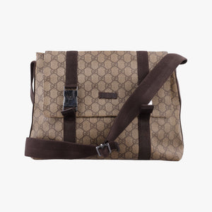 Secondhand Gucci GG Supreme Double Buckle Beige × Dark Brown PVC coated canvas 122373 shoulderbag | stylenewstar
