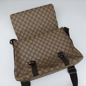 Secondhand Gucci GG Supreme Double Buckle Beige × Dark Brown PVC coated canvas 122373 shoulderbag | stylenewstar