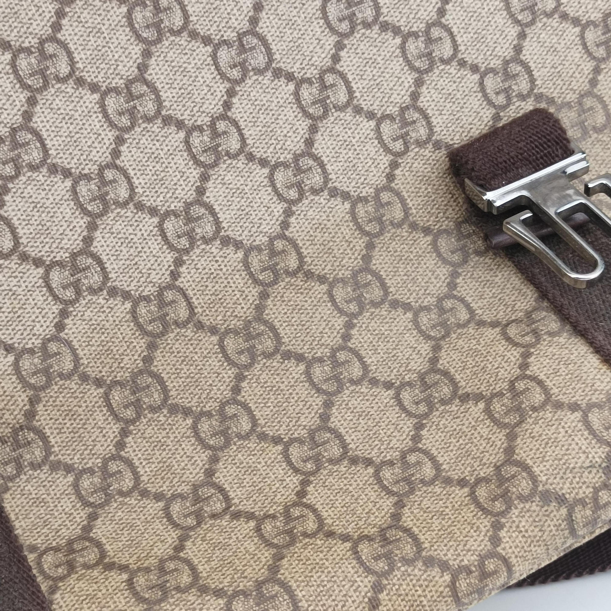 Secondhand Gucci GG Supreme Double Buckle Beige × Dark Brown PVC coated canvas 122373 shoulderbag | stylenewstar