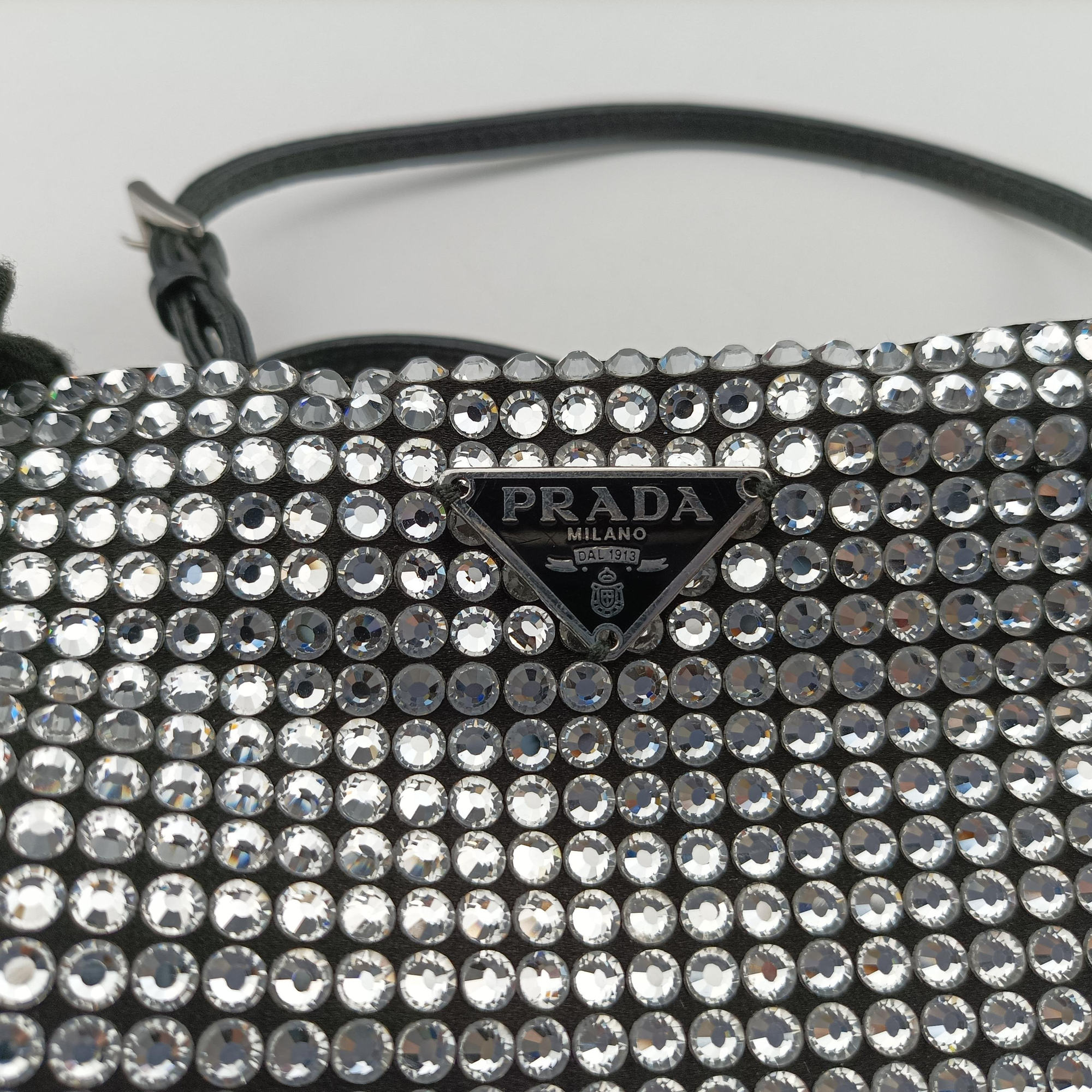 Pre-owned Prada Rosa Satin Crystal Mini Tote Black Rhinestone 1BA253 shoulderbag | stylenewstar