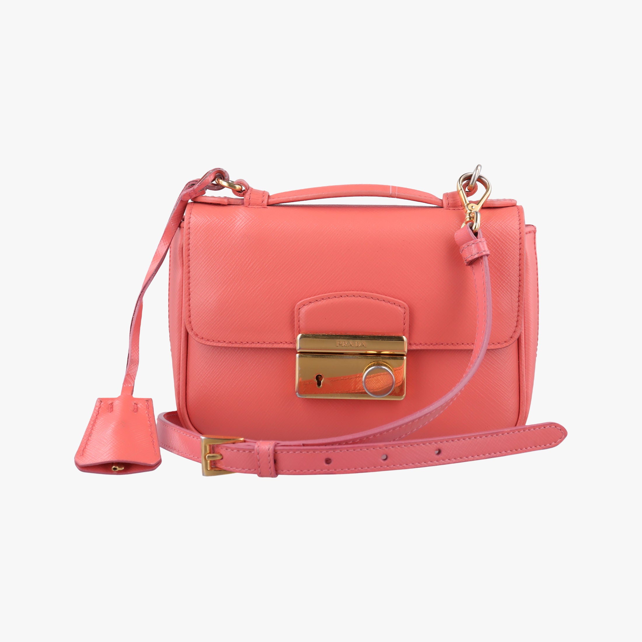Pre-owned Prada lock Fuoco Sound Top Handle Pink orange SAFFIANO Leather BT0963 shoulderbag | stylenewstar