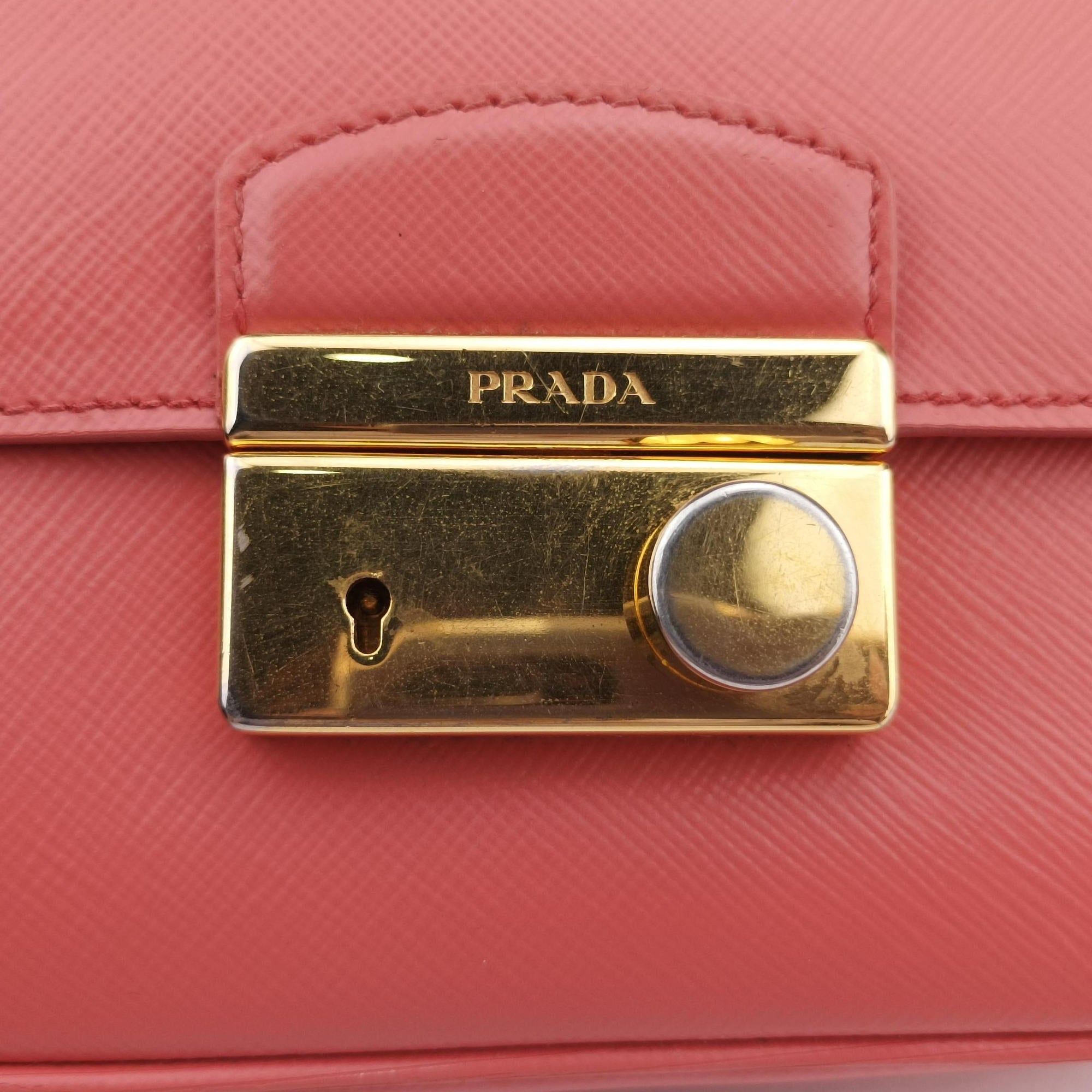 Pre-owned Prada lock Fuoco Sound Top Handle Pink orange SAFFIANO Leather BT0963 shoulderbag | stylenewstar