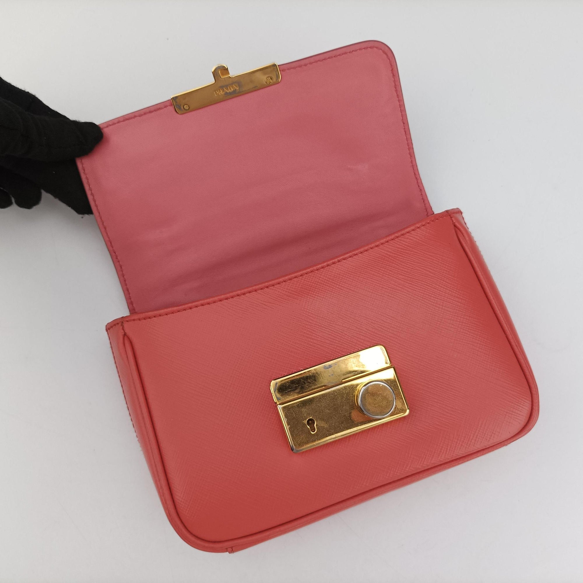Pre-owned Prada lock Fuoco Sound Top Handle Pink orange SAFFIANO Leather BT0963 shoulderbag | stylenewstar