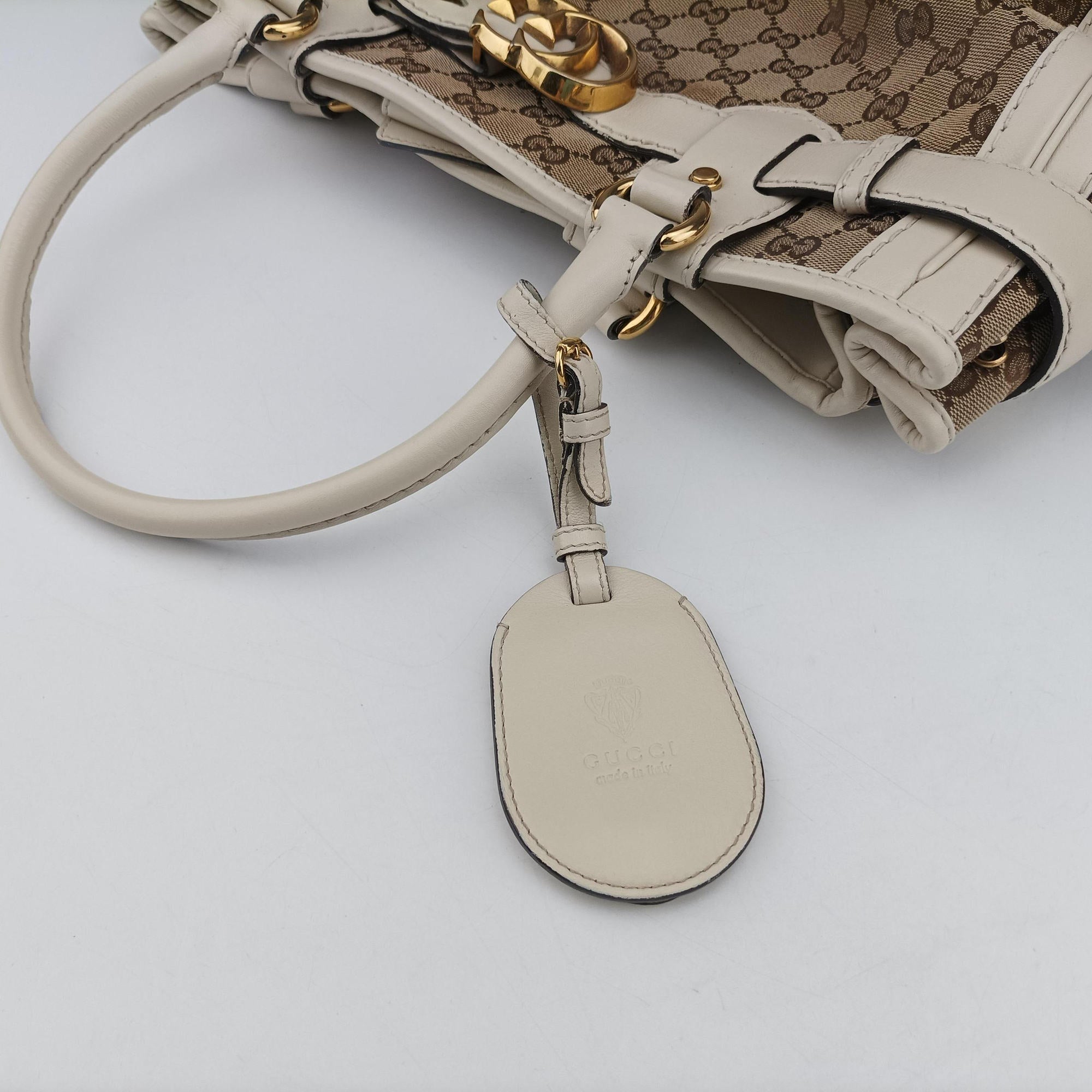 Pre-owned Gucci GG Running White×Brown canvas×leather 247183 handbag | stylenewstar