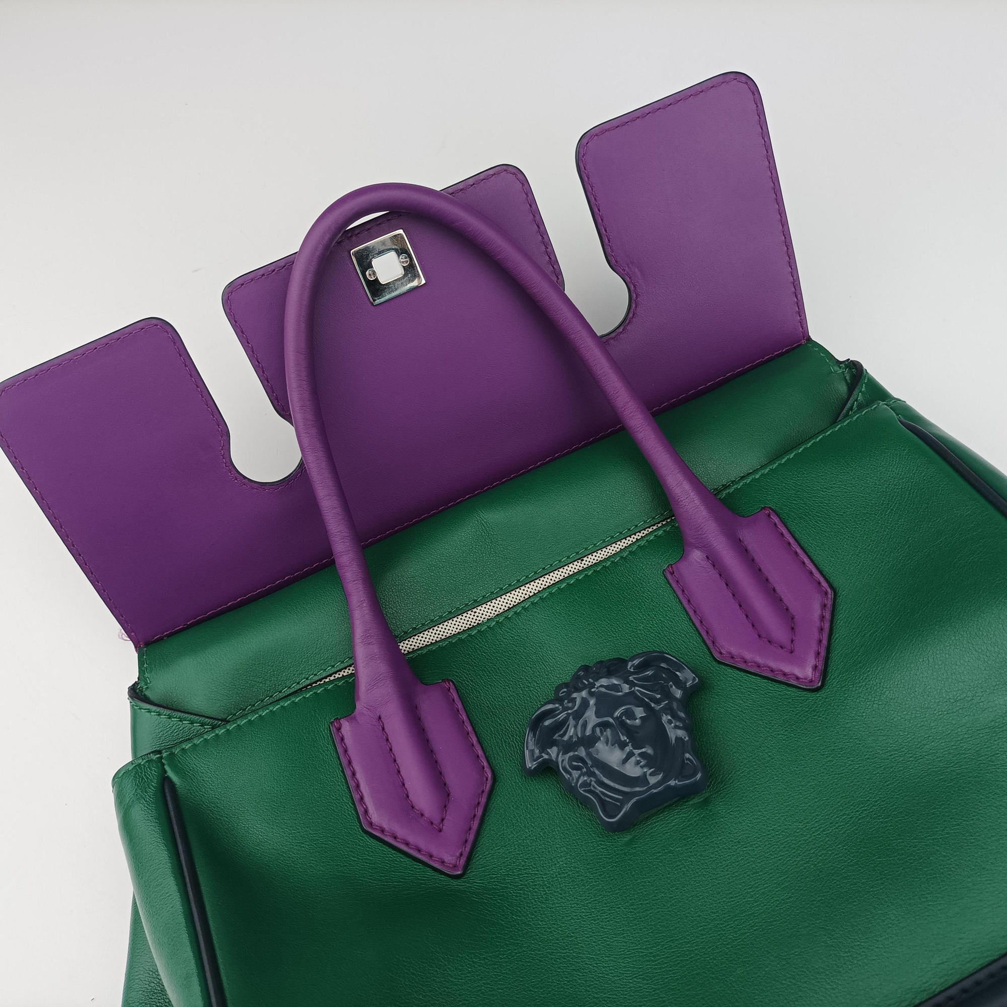 Vintage VERSACE Palazzo Empire Green×Navy×Purple Leather  handbag | stylenewstar