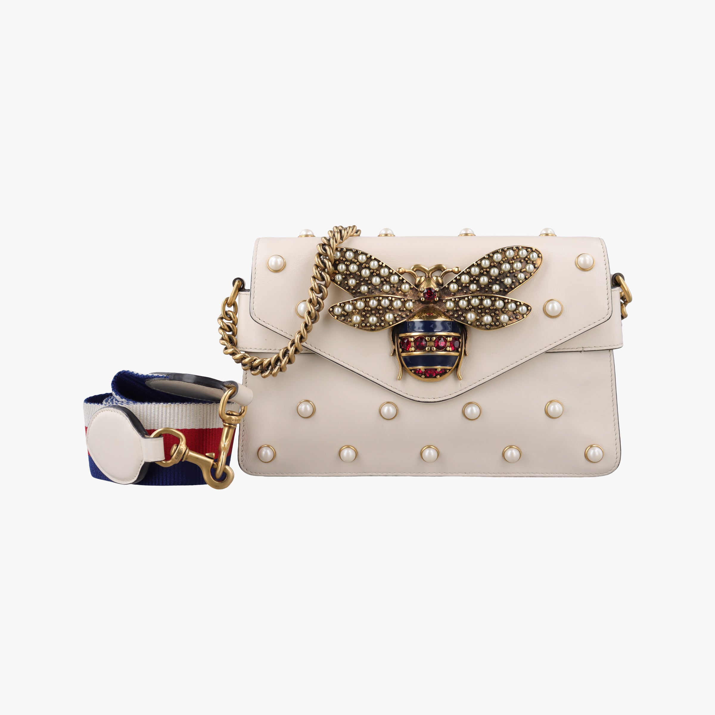 Pre-owned Gucci Broadway Pearl Bee White Leather 453778 shoulderbag | stylenewstar