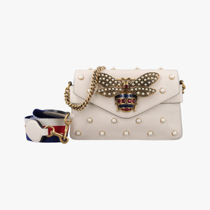Pre-owned Gucci Broadway Pearl Bee White Leather 453778 shoulderbag | stylenewstar