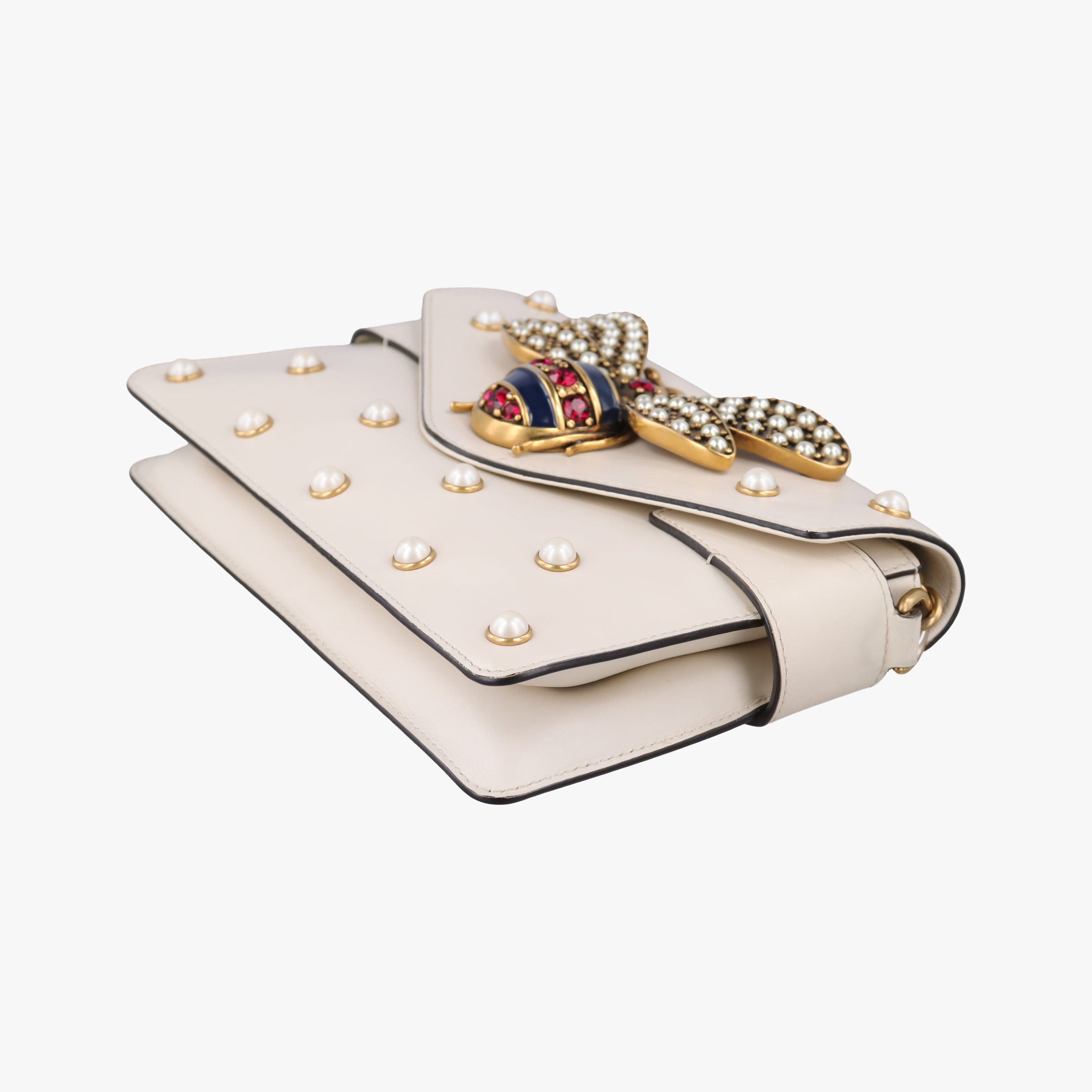 Pre-owned Gucci Broadway Pearl Bee White Leather 453778 shoulderbag | stylenewstar